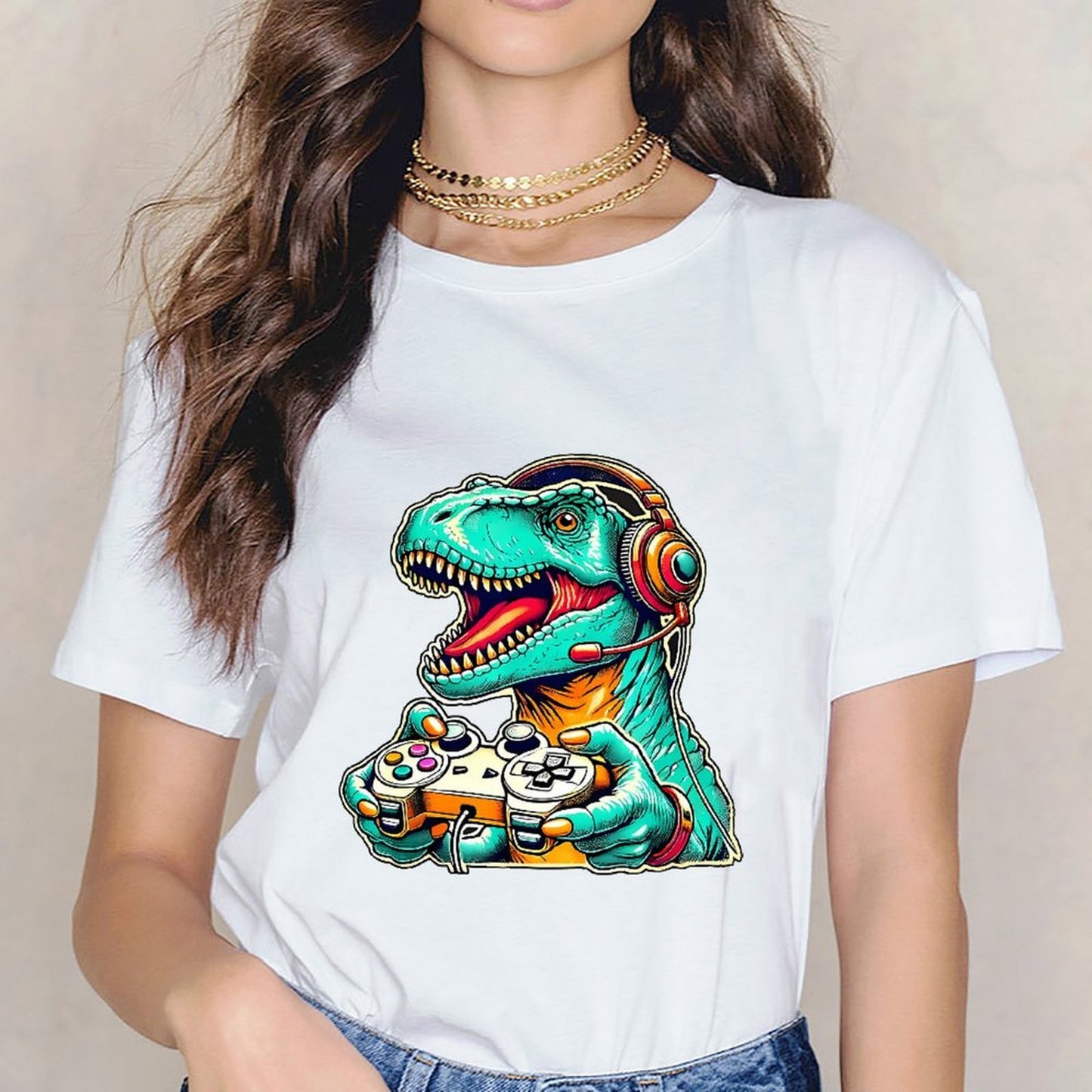 Inkmay Casual Cotton T-shirt Gaming Dinosaur With Headphones And Unisex T-shirtClassic Easy-Care T-Shirt