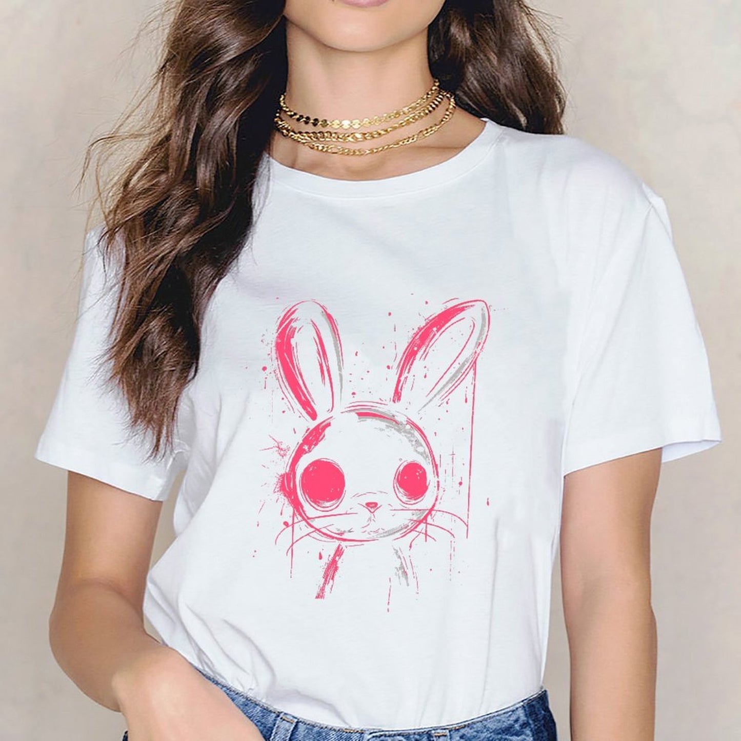 Inkmay Casual Cotton T-shirt Stylish Pink Rabbit Face Art Print Unisex T-shirtSlim Fit Premium Finish T-Shirt