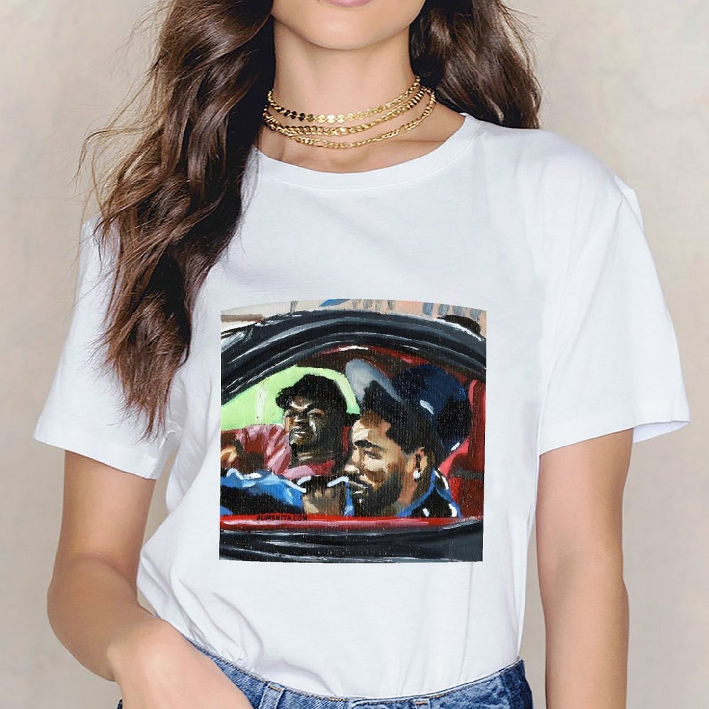 Inkmay Casual Cotton T-shirt Cartoon Puppet Holding Gun And Star Unisex T-shirt