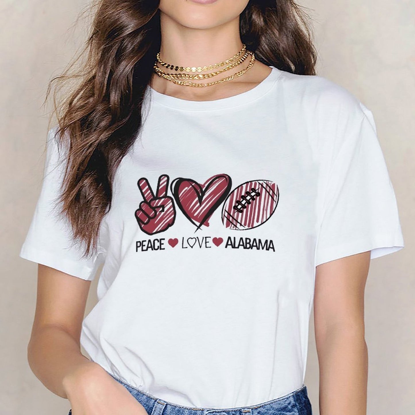 Inkmay Casual Cotton T-shirt Peace Love Alabama Football Heart Gesture Unisex T-shirtSmoothWear Vibrant Colors T-Shirt