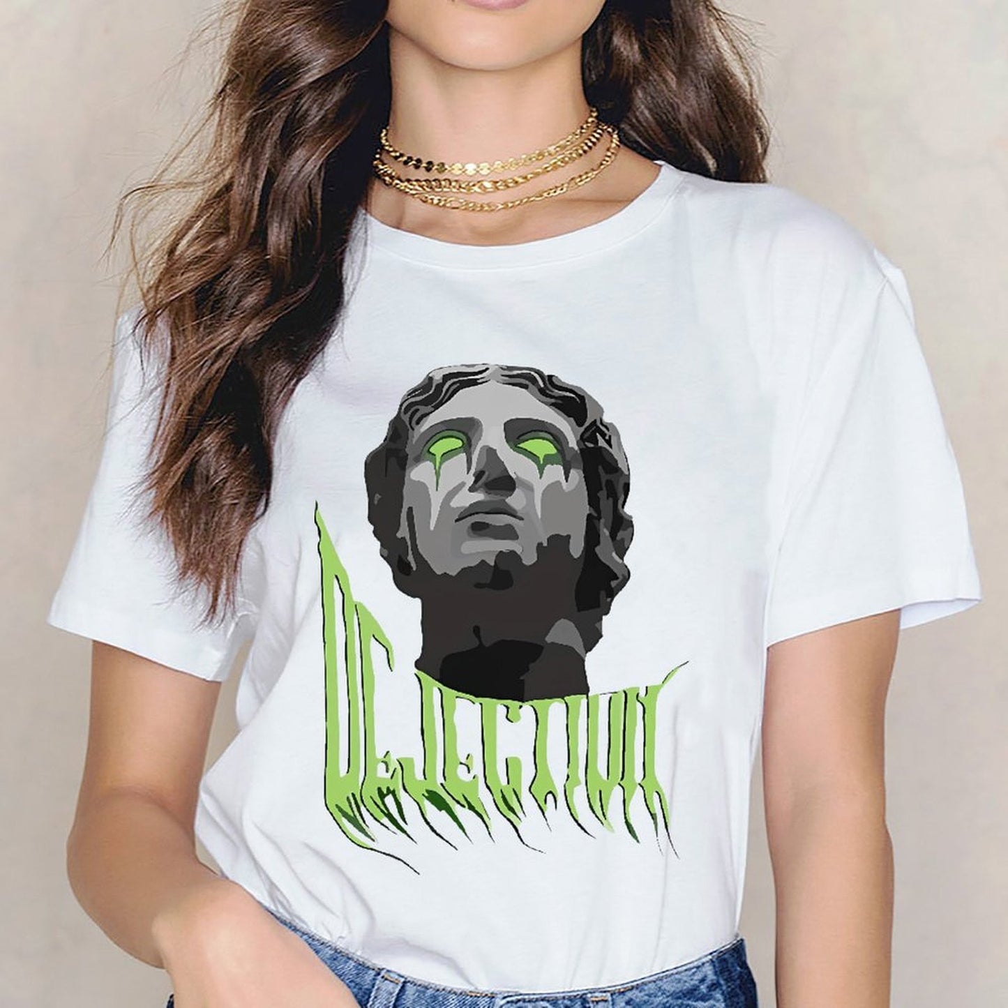 Inkmay Casual Cotton T-shirt Dark Art Statue With Green Eyes Unisex T-shirtPure SoftTouch T-Shirt