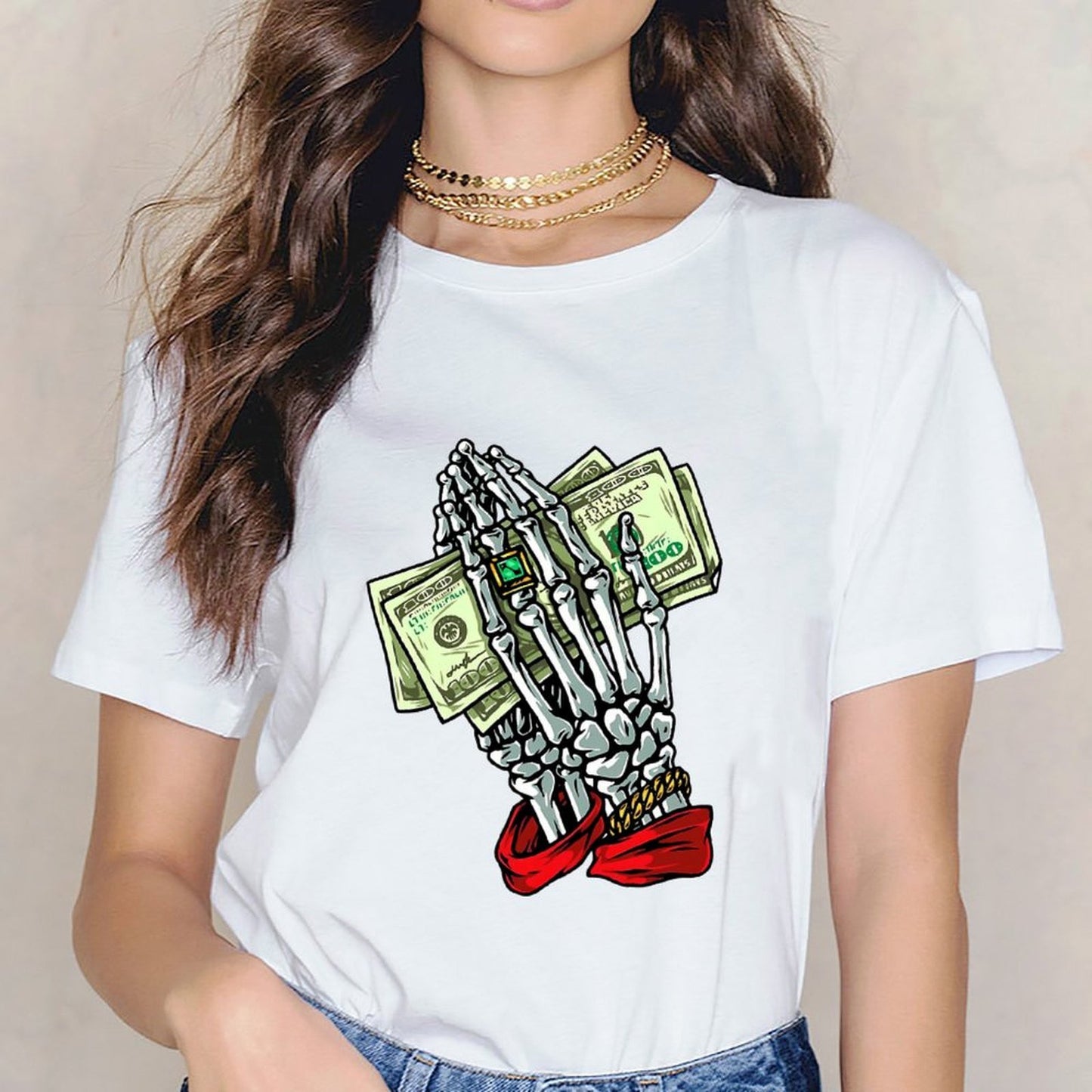 Inkmay Casual Cotton T-shirt Skeleton Hand Holding Money Bills Art Unisex T-shirtDailyFit ComfortSeries T-Shirt