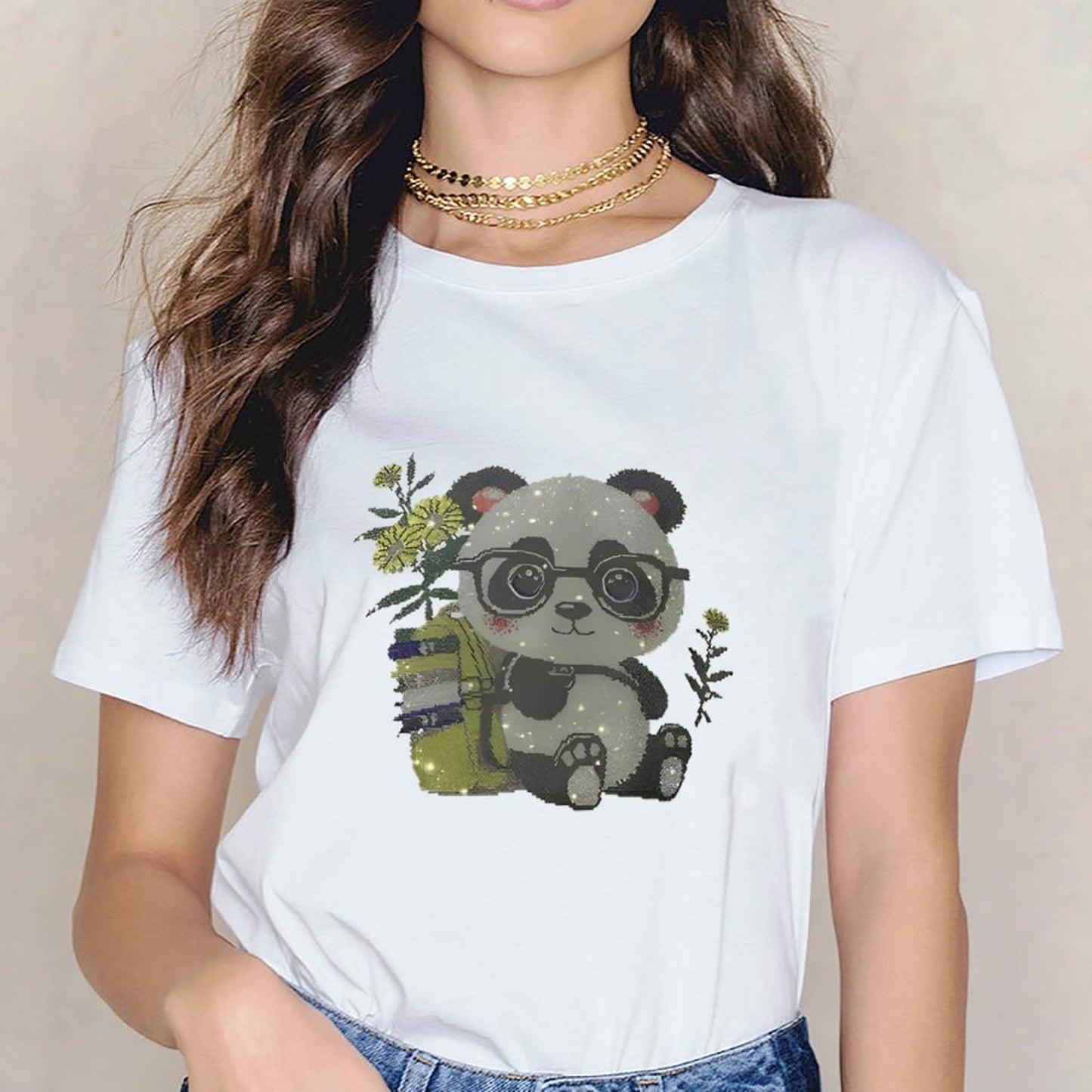Inkmay Casual Cotton T-shirt Adorable Panda With Glasses And Books Unisex T-shirt