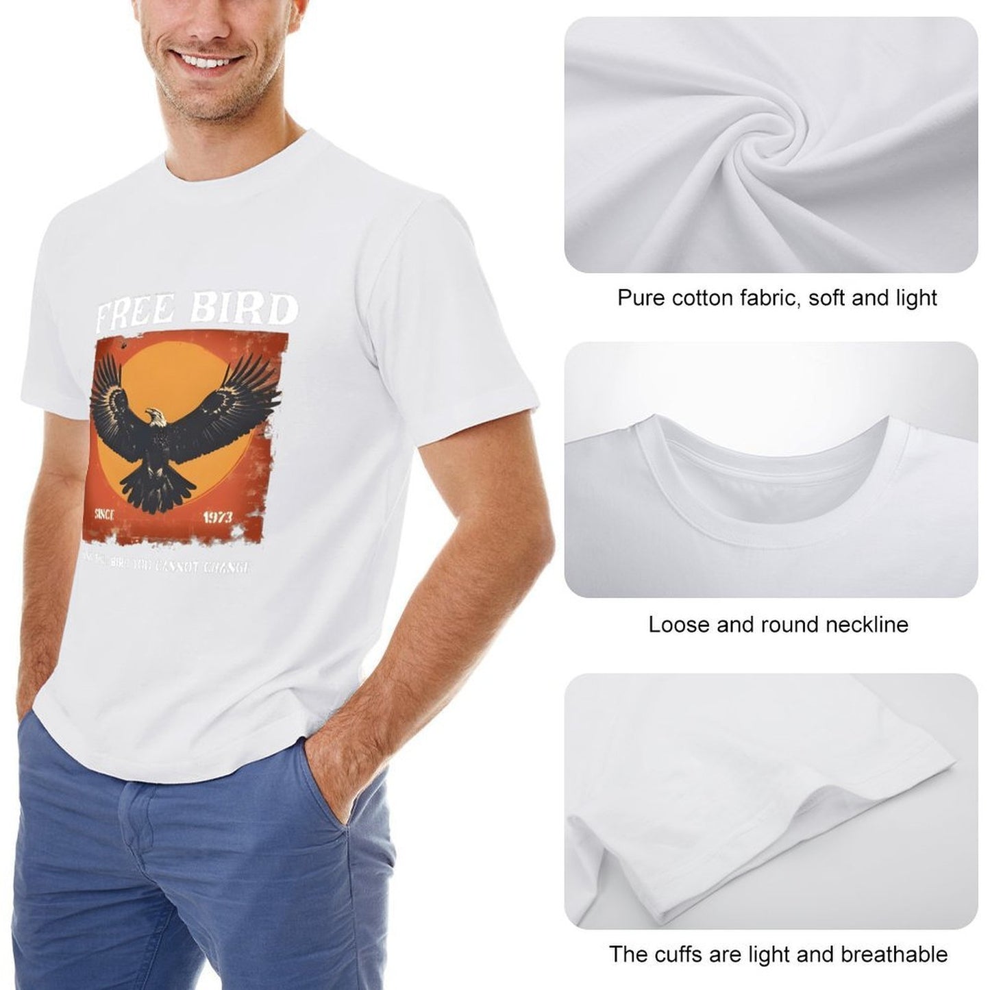 Inkmay Casual Cotton T-shirt Eagle Soaring Against Orange Sky Background Unisex T-shirtSoftTouch PureStyle T-Shirt