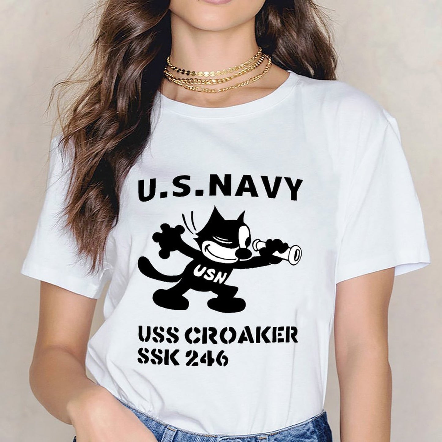 Inkmay Casual Cotton T-shirt Usn Silhouette With Trumpet And Anchor Unisex T-shirtClassic Printed T-Shirt