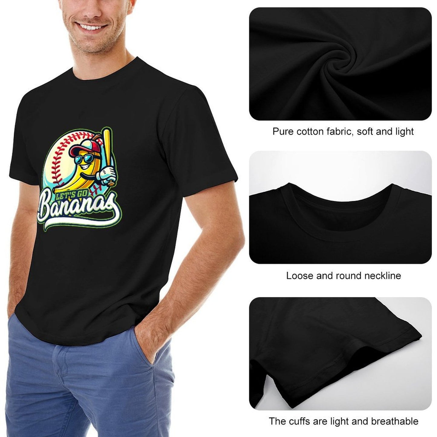 Inkmay Casual Cotton T-shirt Baseball Banana Holding Bat Let S Unisex T-shirtFresh ComfortLine T-Shirt