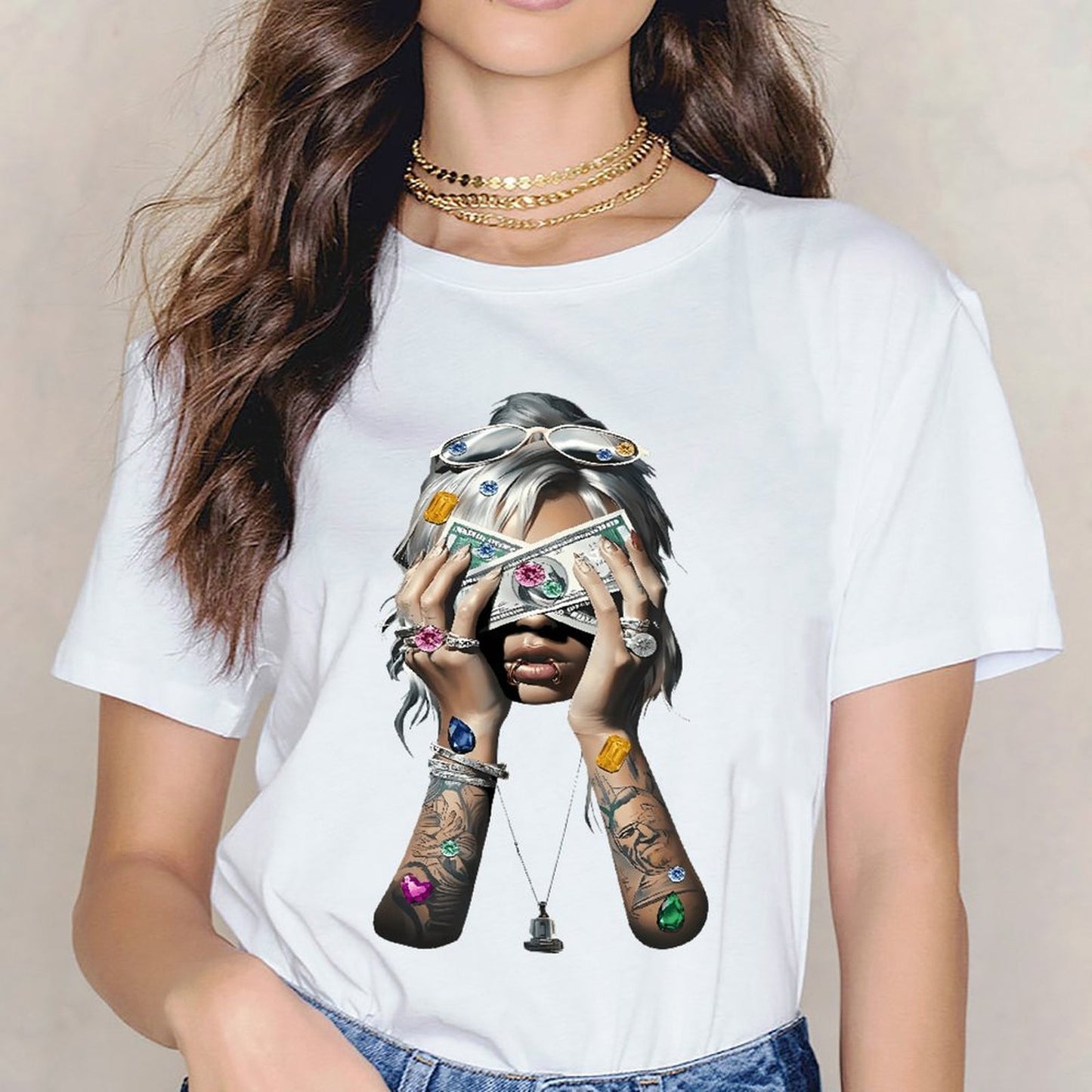 Inkmay Casual Cotton T-shirt Luxury Woman Holding Money With Gems Unisex T-shirtOriginal Chill T-Shirt