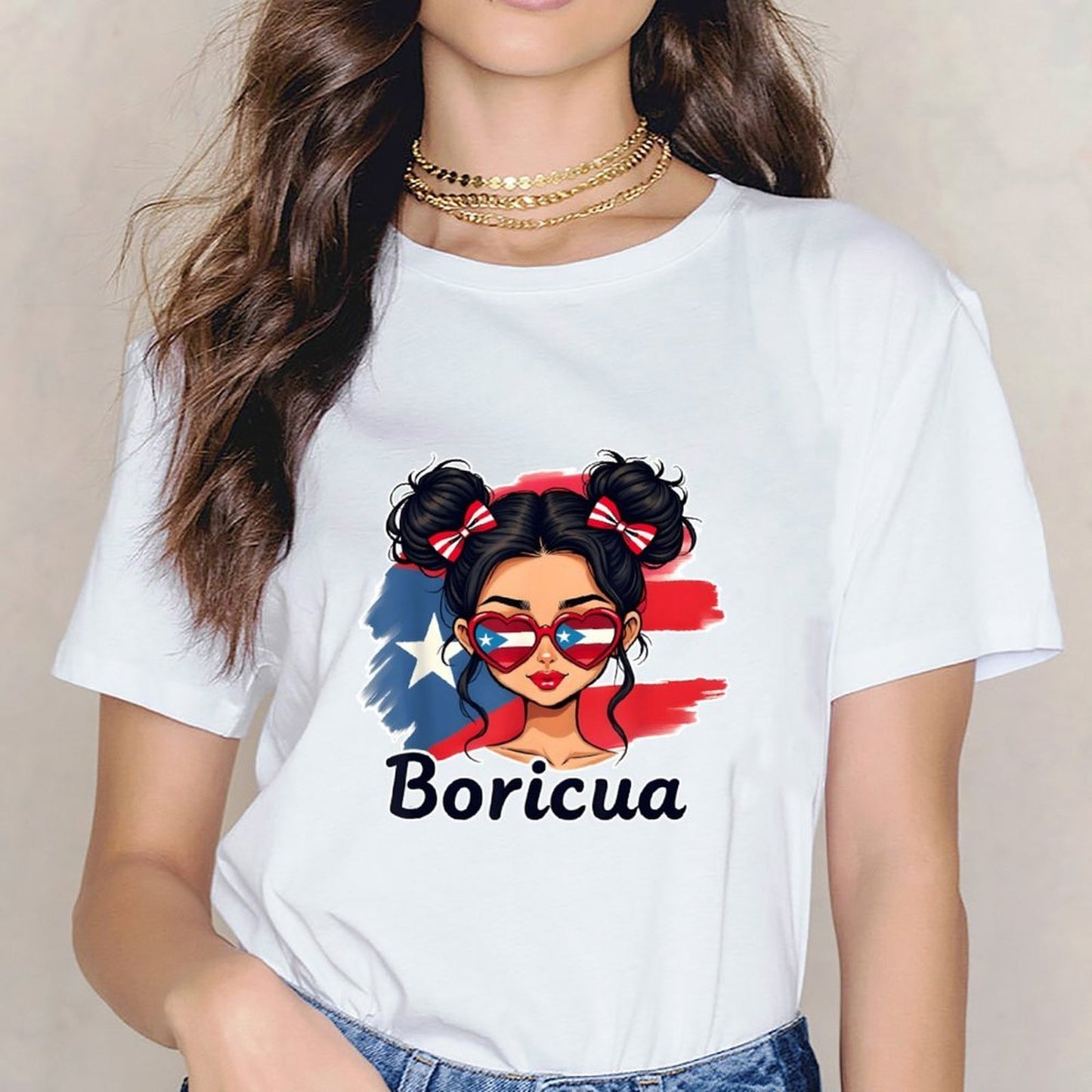 Inkmay Casual Cotton T-shirt Puerto Rican Flag Heart Glasses Boricua Unisex T-shirtSharp Pure T-Shirt