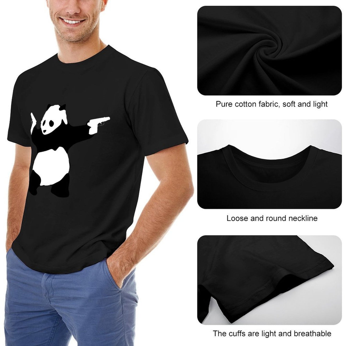 Inkmay Casual Cotton T-shirt Panda Design On Black Background Unisex T-shirtClassic EverydayTee T-Shirt