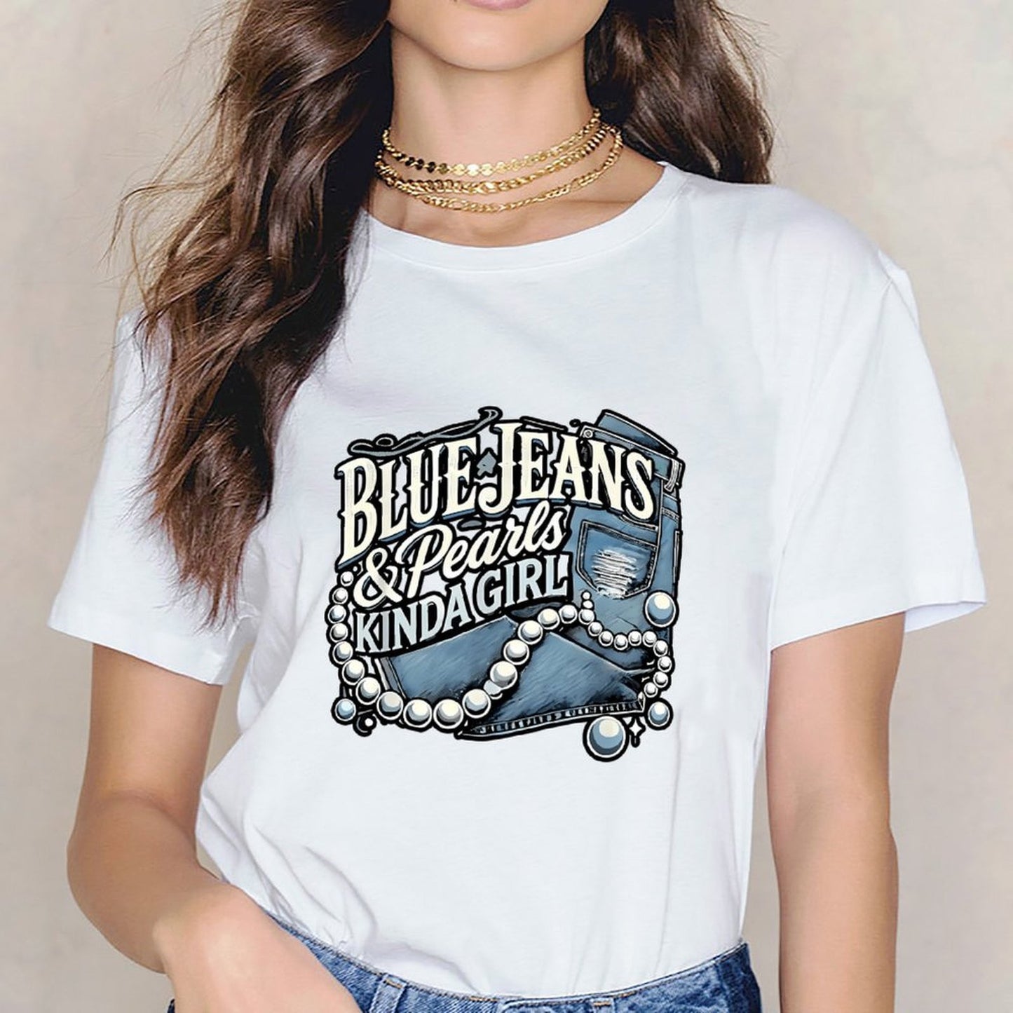Inkmay Casual Cotton T-shirt Blue Jeans And Pearls Kinda Unisex T-shirtLong Lasting Minimal T-Shirt