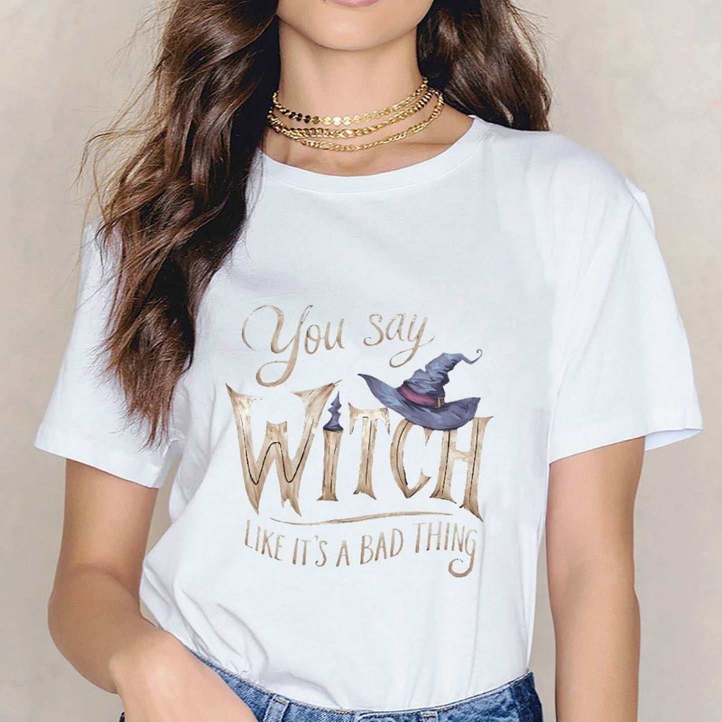 Inkmay Casual Cotton T-shirt Witch Hat And Magical Words Art Unisex T-shirtClassicStyle ComfortSeries T-Shirt