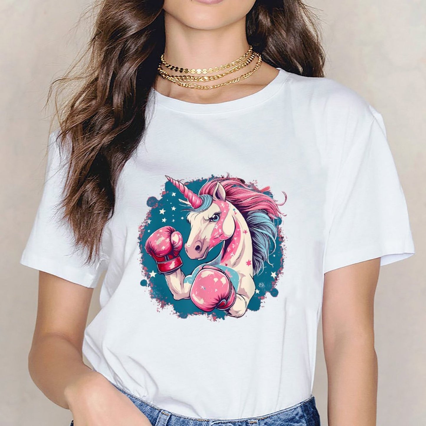 inkmay-casual-cotton-t-shirt-boxing-unicorn-with-pink-mane-unisex-t-shirt