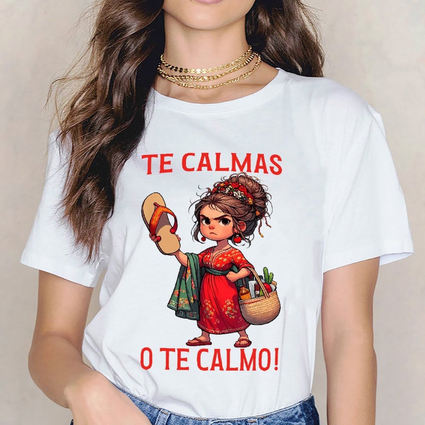 Inkmay Casual Cotton T-shirt Red Floral Dress With Green Scarf Unisex T-shirtMidweight EverydayTee T-Shirt