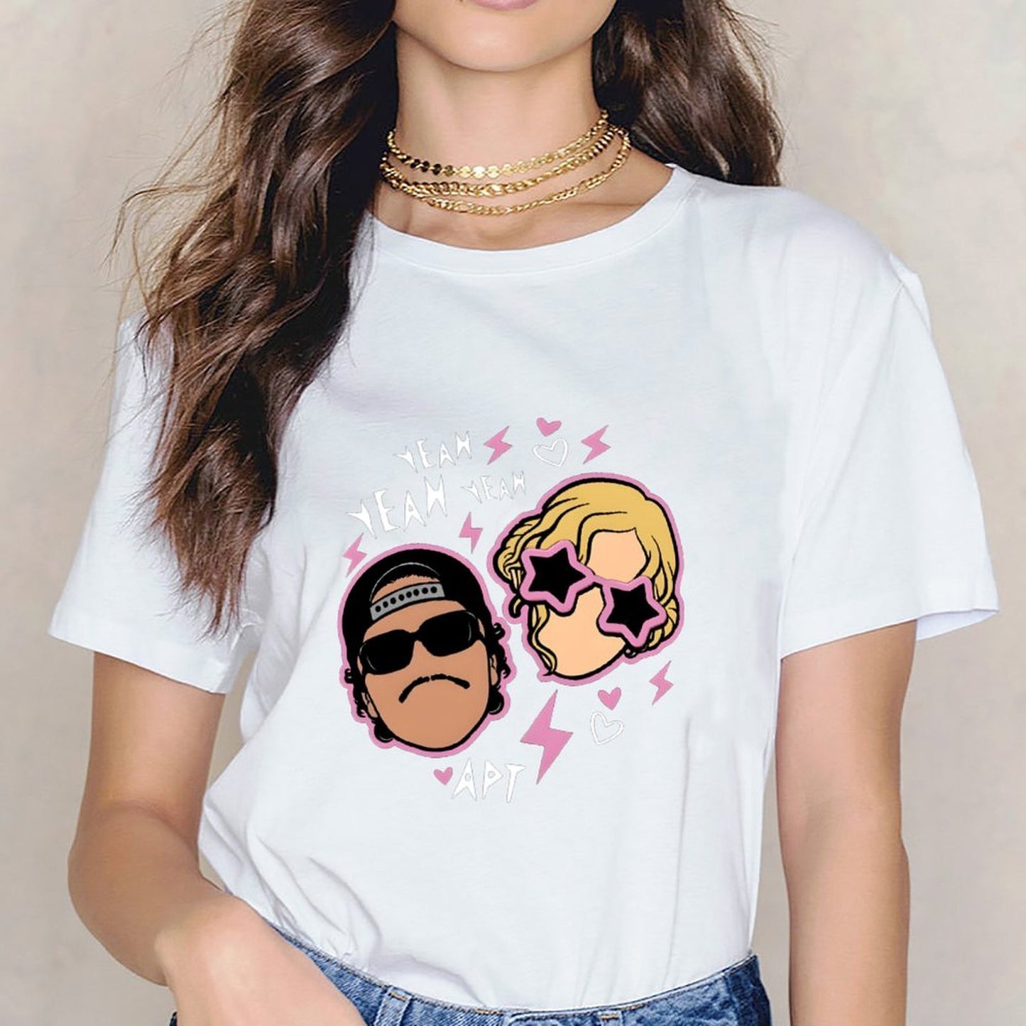 Inkmay Casual Cotton T-shirt Cartoon Characters With Pink Outlines And Unisex T-shirtActive Simple T-Shirt