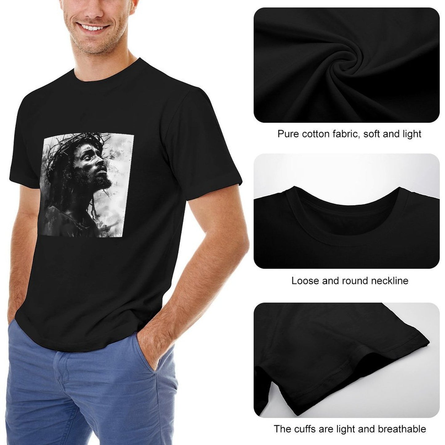 Inkmay Casual Cotton T-shirt Artistic Jesus With Crown Of Thorns Unisex T-shirtClassic Fit Crisp Print T-Shirt