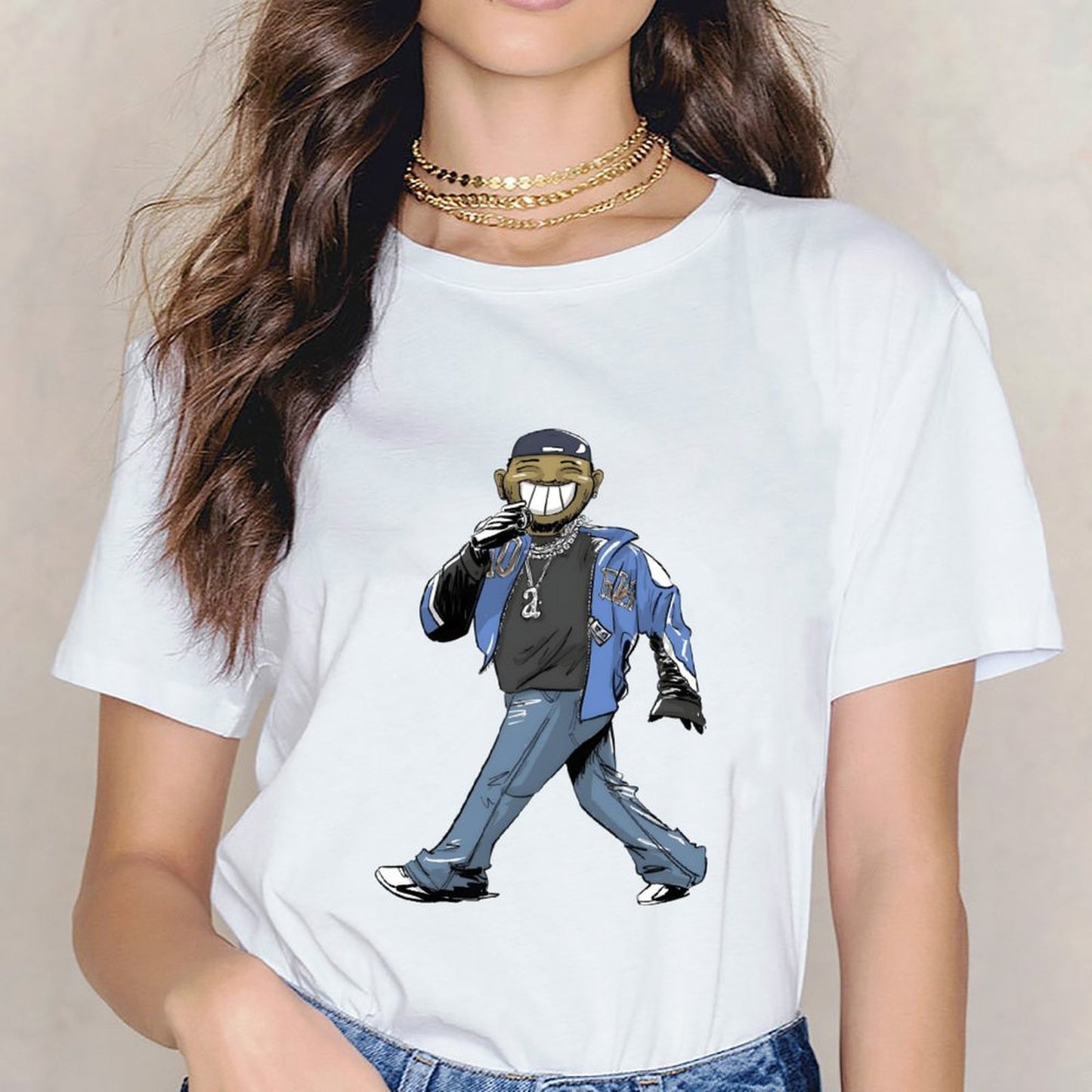Inkmay Casual Cotton T-shirt Cartoon Character Wearing Blue Jacket Pants Unisex T-shirtBreathable TrueFit T-Shirt