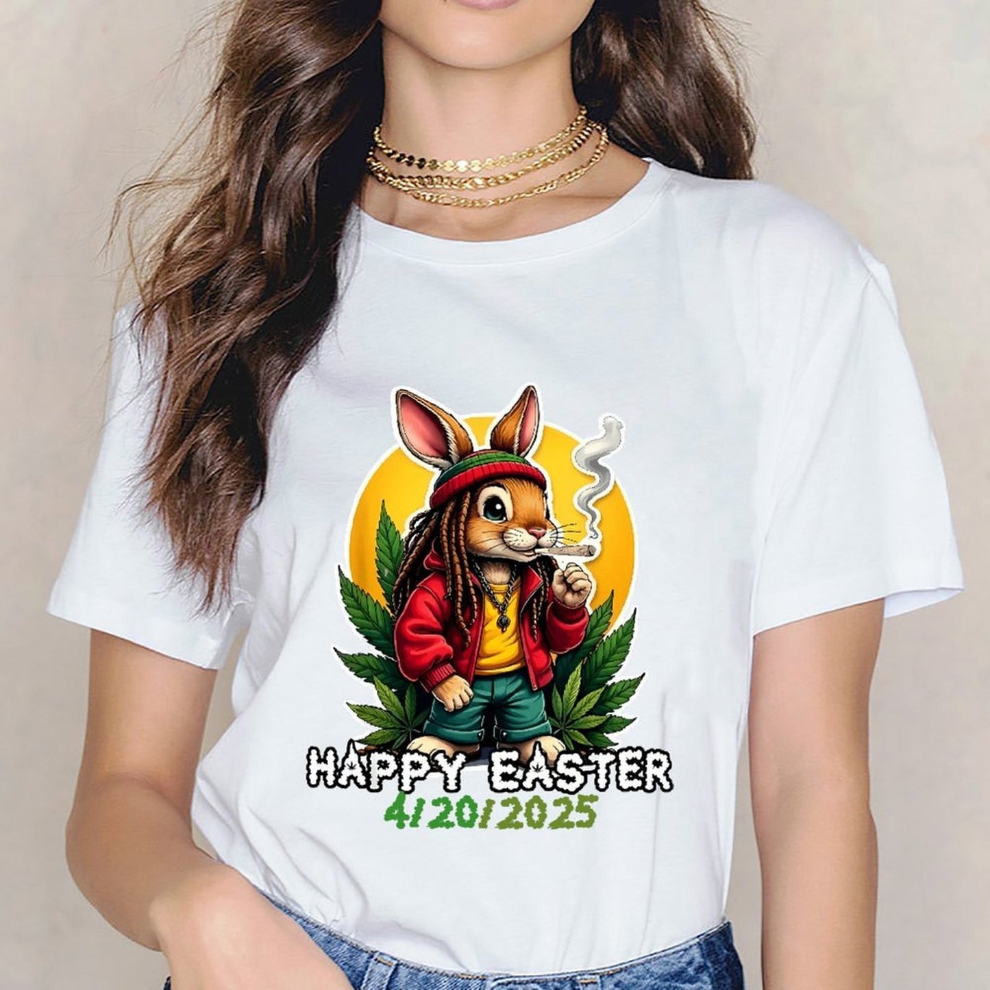 Inkmay Casual Cotton T-shirt Happy Easter Bunny Smoking Weed Art Unisex T-shirtClassicFit Active T-Shirt