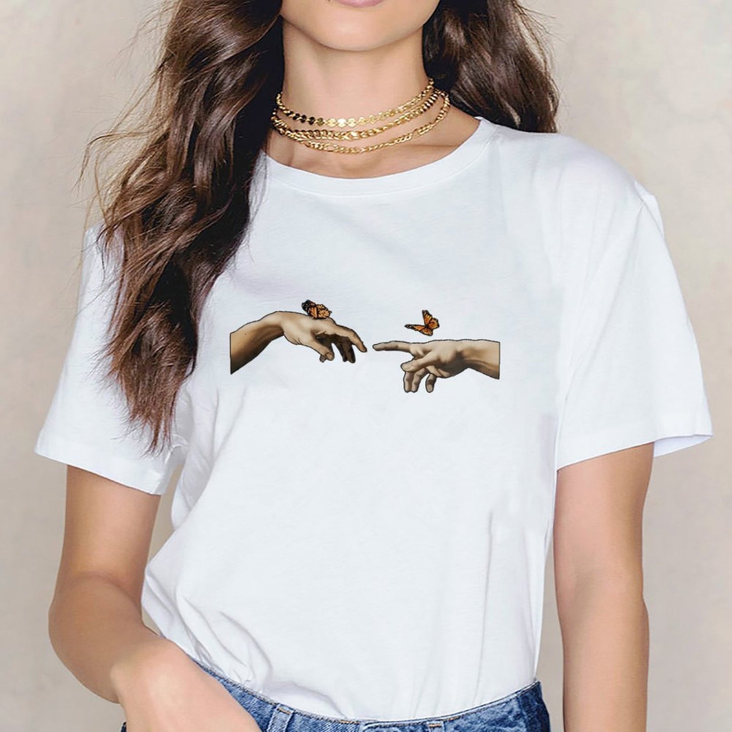 Inkmay Casual Cotton T-shirt Butterfly On Fingers Artistic Design Prints Unisex T-shirtSoftFeel Indoor T-Shirt