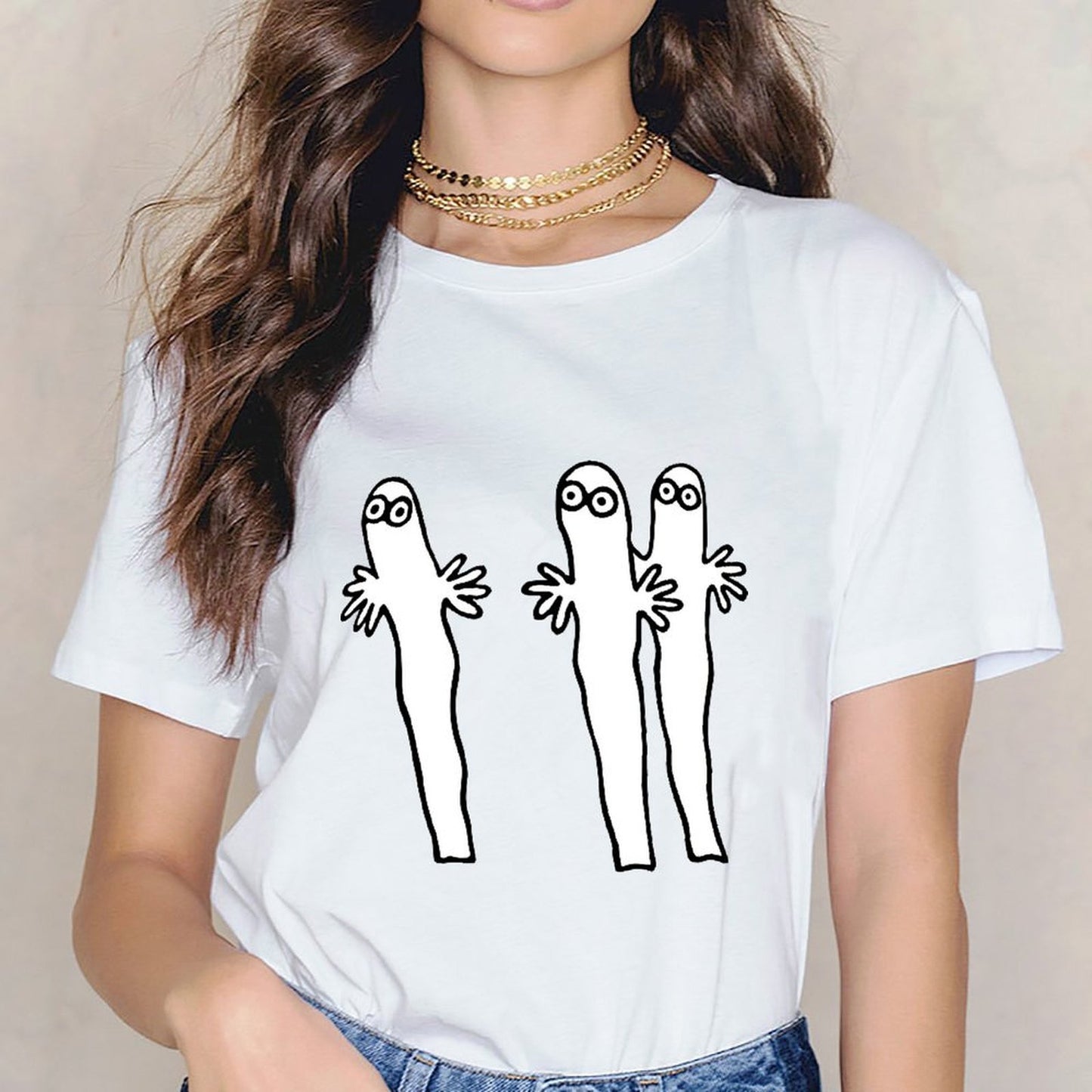 Inkmay Casual Cotton T-shirt Three Cartoon Characters With Hands Raised Unisex T-shirtSleek Outdoor T-Shirt