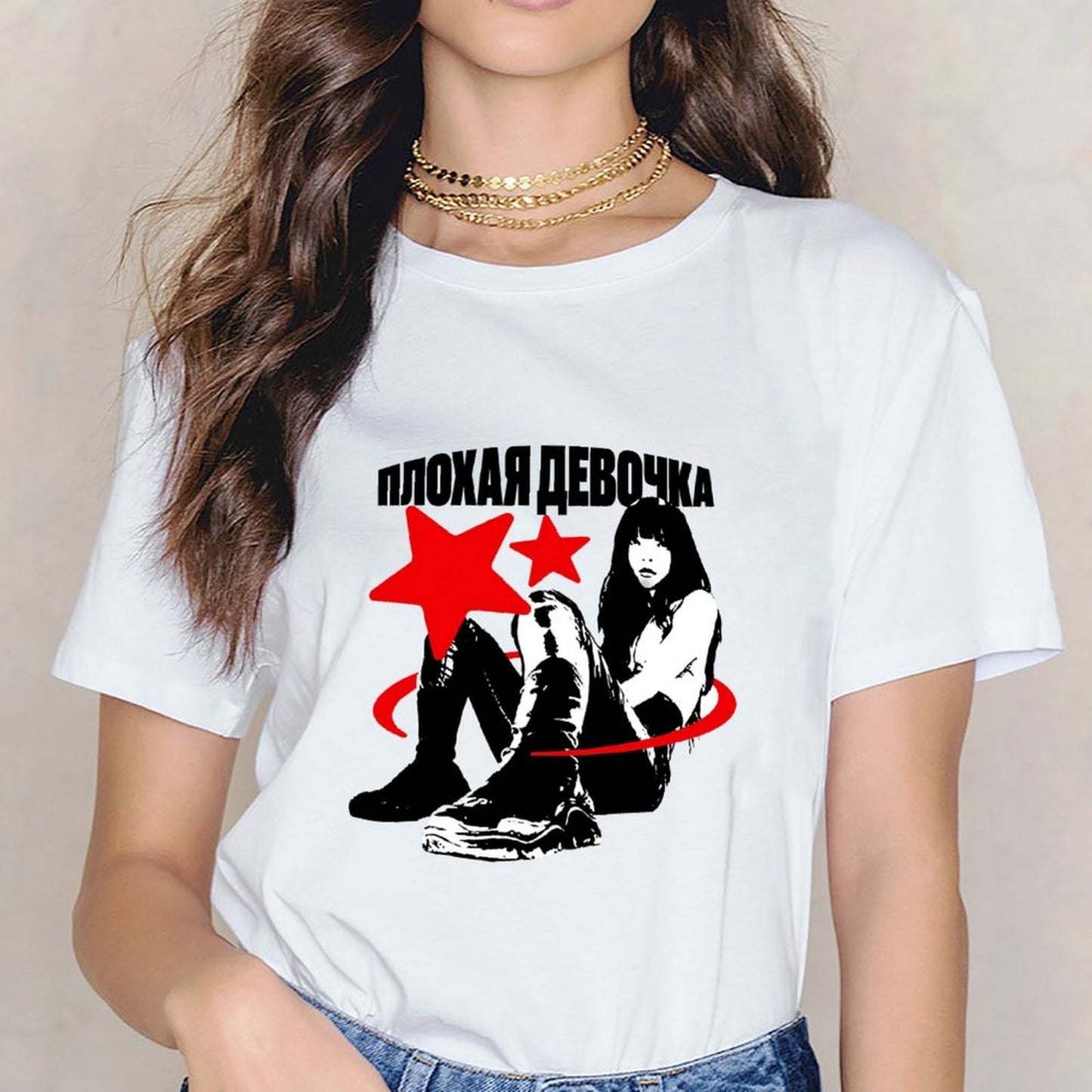 Inkmay Casual Cotton T-shirt Red Stars Over Black Figures Unisex T-shirtSleek EverydayTee T-Shirt