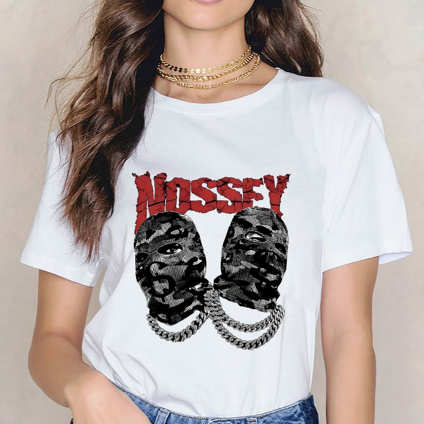 Inkmay Casual Cotton T-shirt Camouflage Faces With Bold Chains Unisex T-shirtFitted Bold T-Shirt