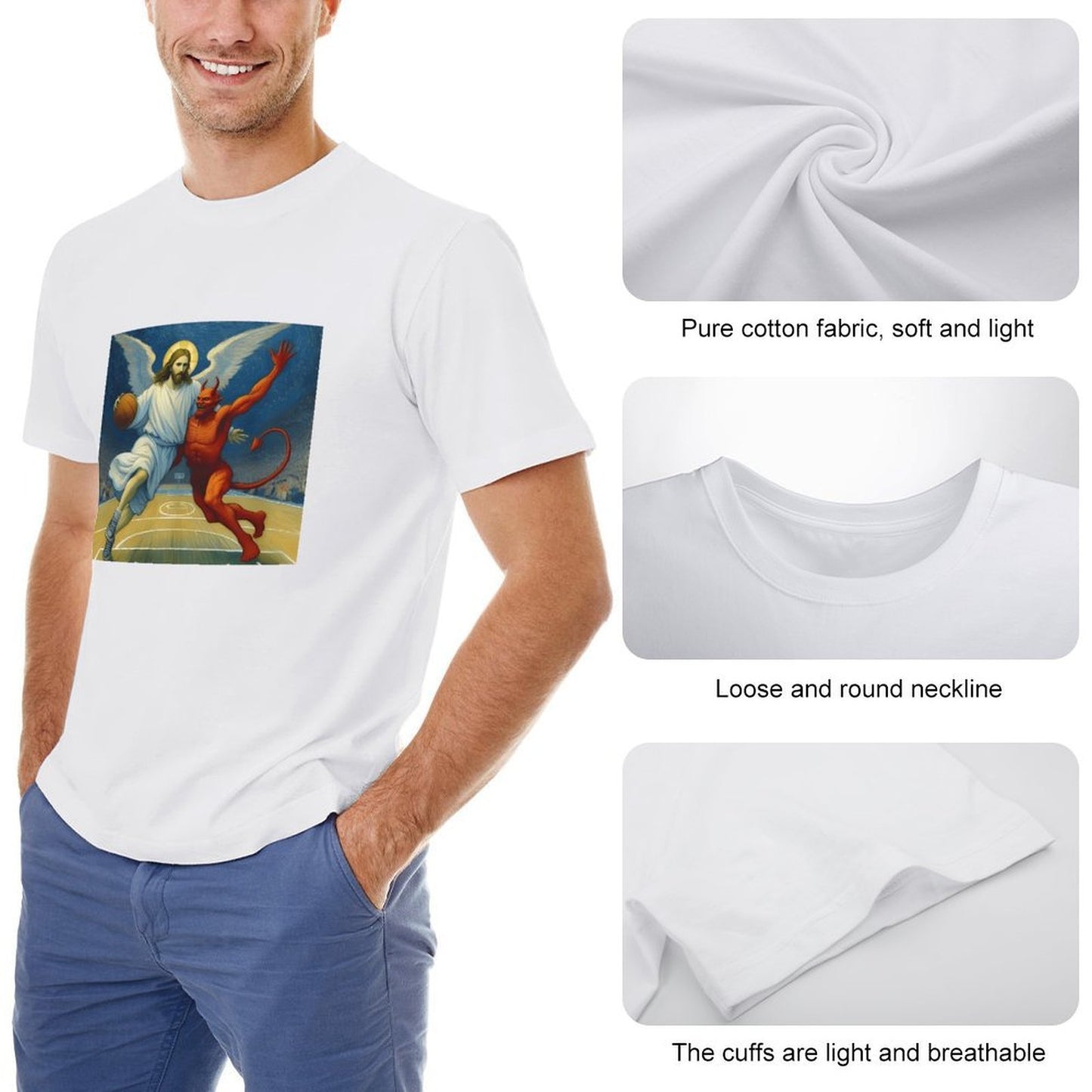 Inkmay Casual Cotton T-shirt Basketball Jesus Versus Devil On Court Unisex T-shirtEssential Regular T-Shirt