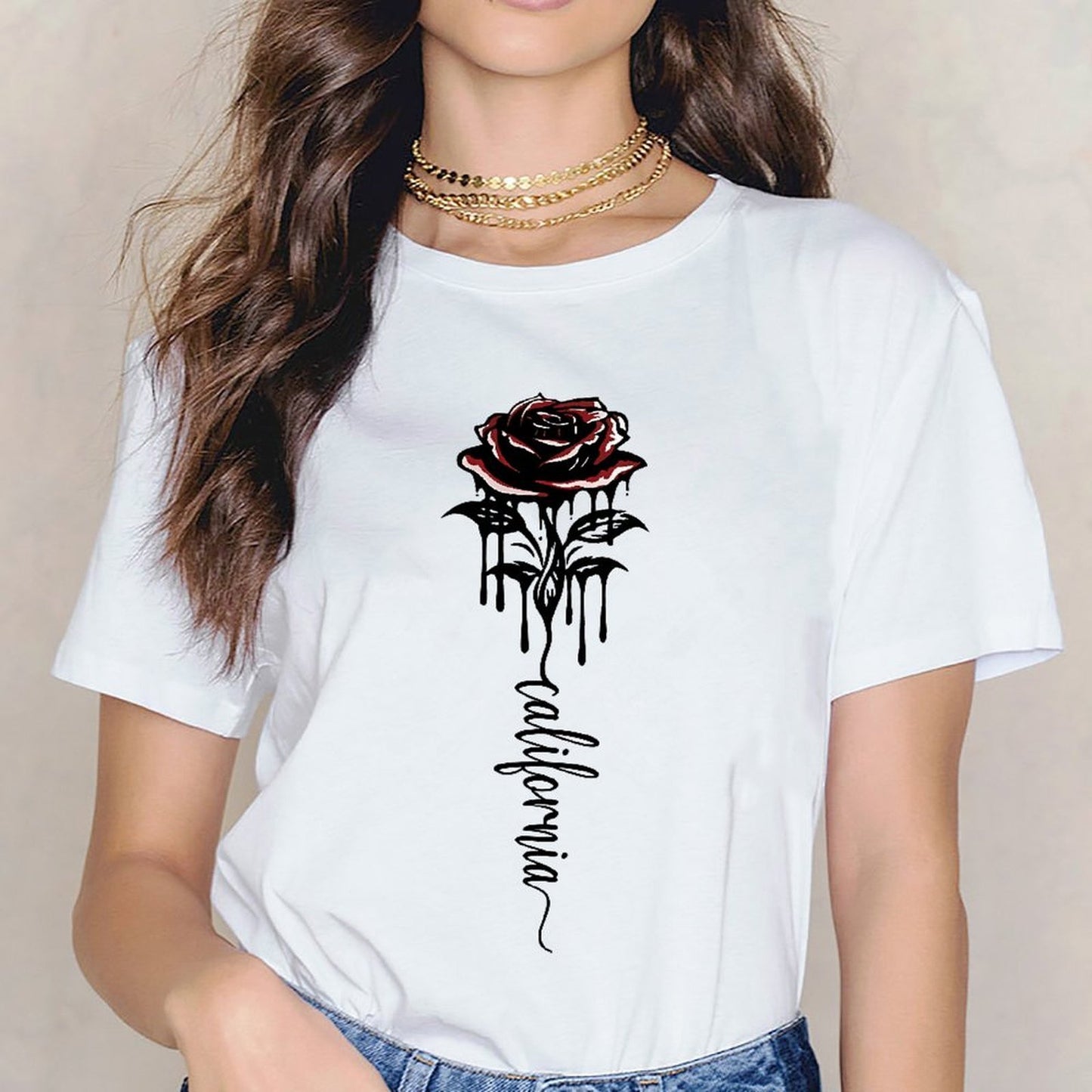 Inkmay Casual Cotton T-shirt Rose Pattern Print On Black Background Unisex T-shirtTimelessStyle ClassicFit T-Shirt