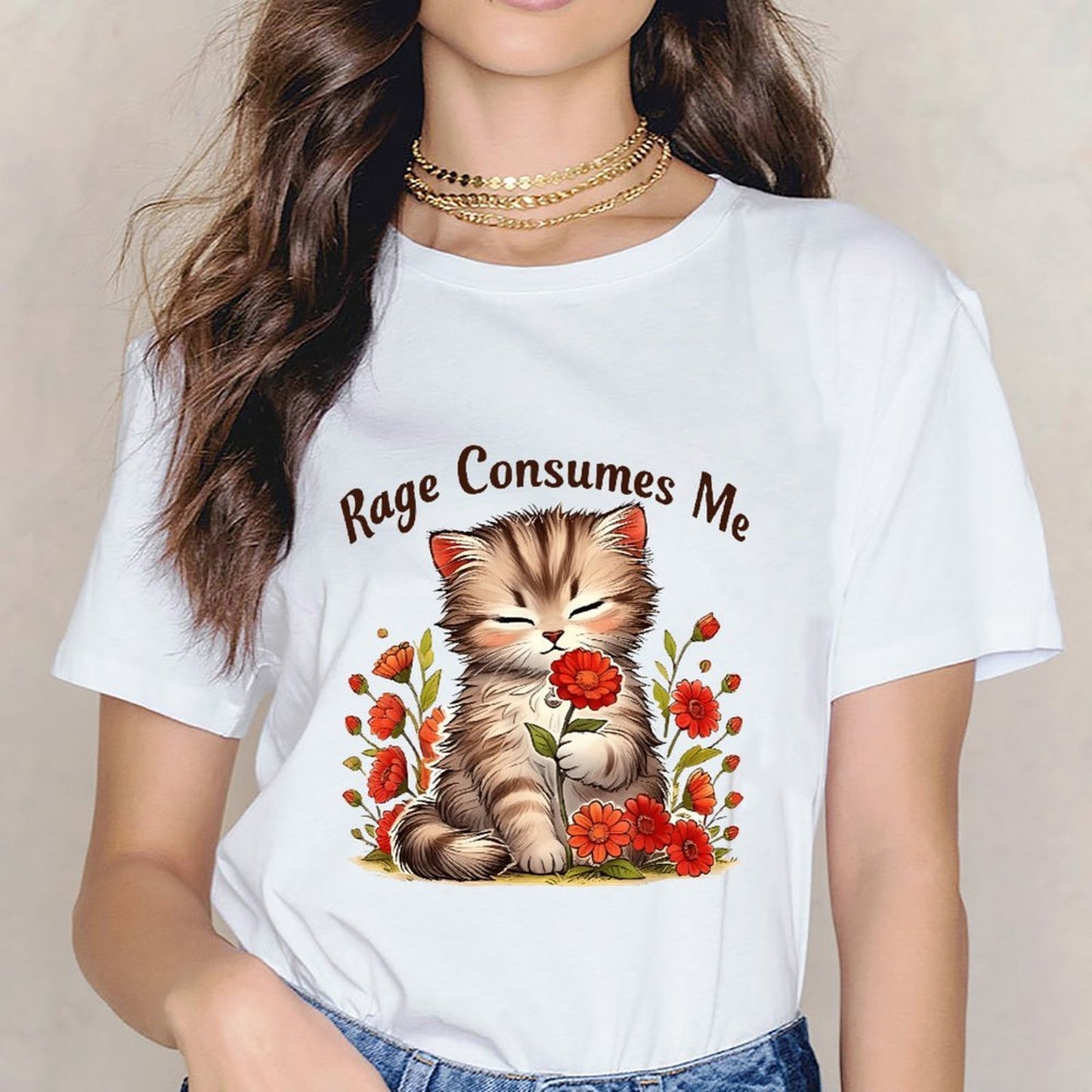 Inkmay Casual Cotton T-shirt Cute Kitten Among Red Flowers Unisex T-shirtCoreLine StreetStyle T-Shirt