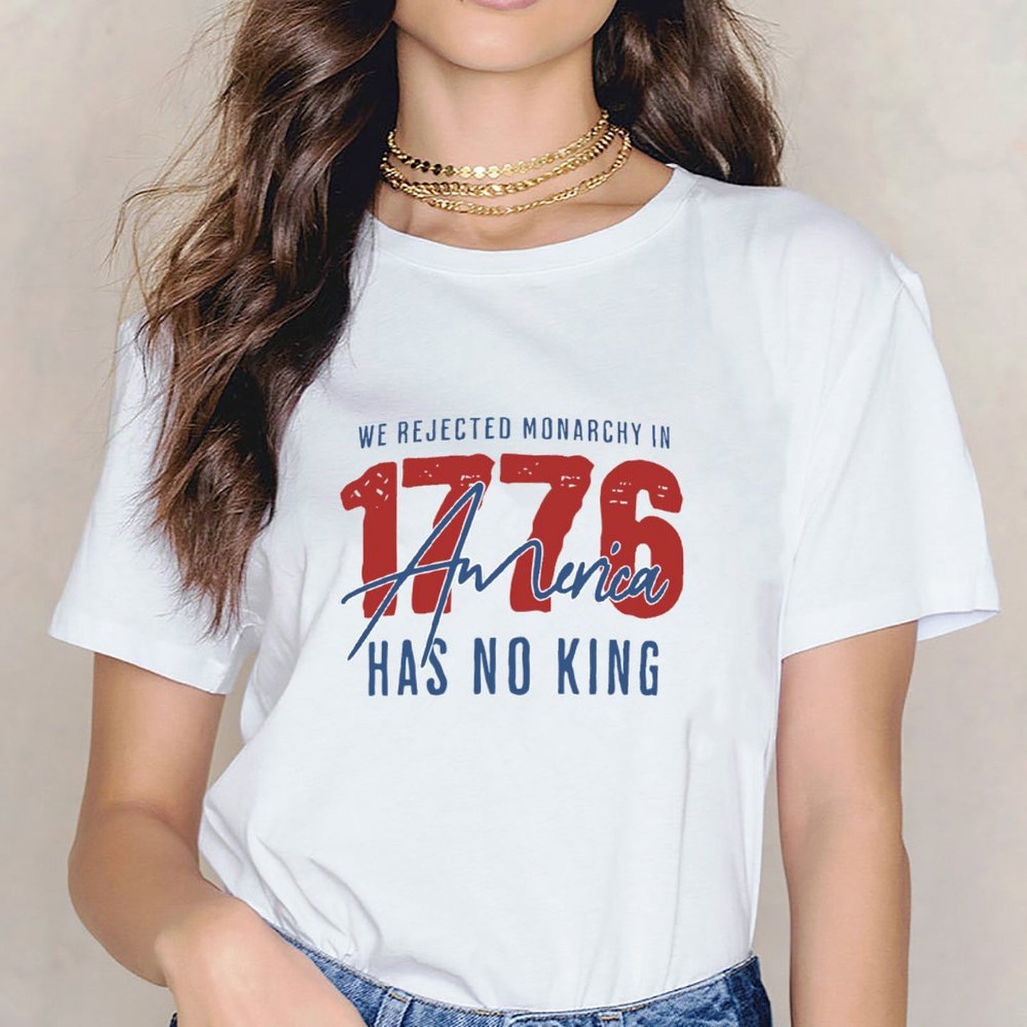 Inkmay Casual Cotton T-shirt America Flag Pattern With Blue Red Unisex T-shirtSoft-Touch Colorfast T-Shirt