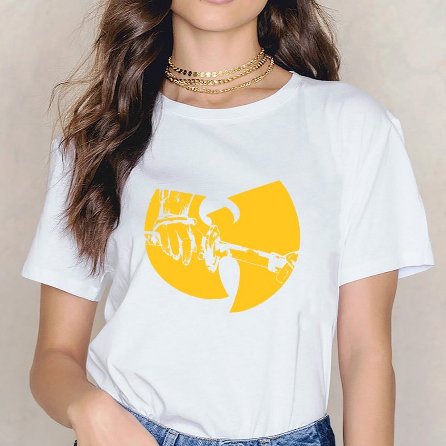 Inkmay Casual Cotton T-shirt Solid Yellow Background With White Lines Unisex T-shirtHeavyweight Heat-Transfer T-Shirt