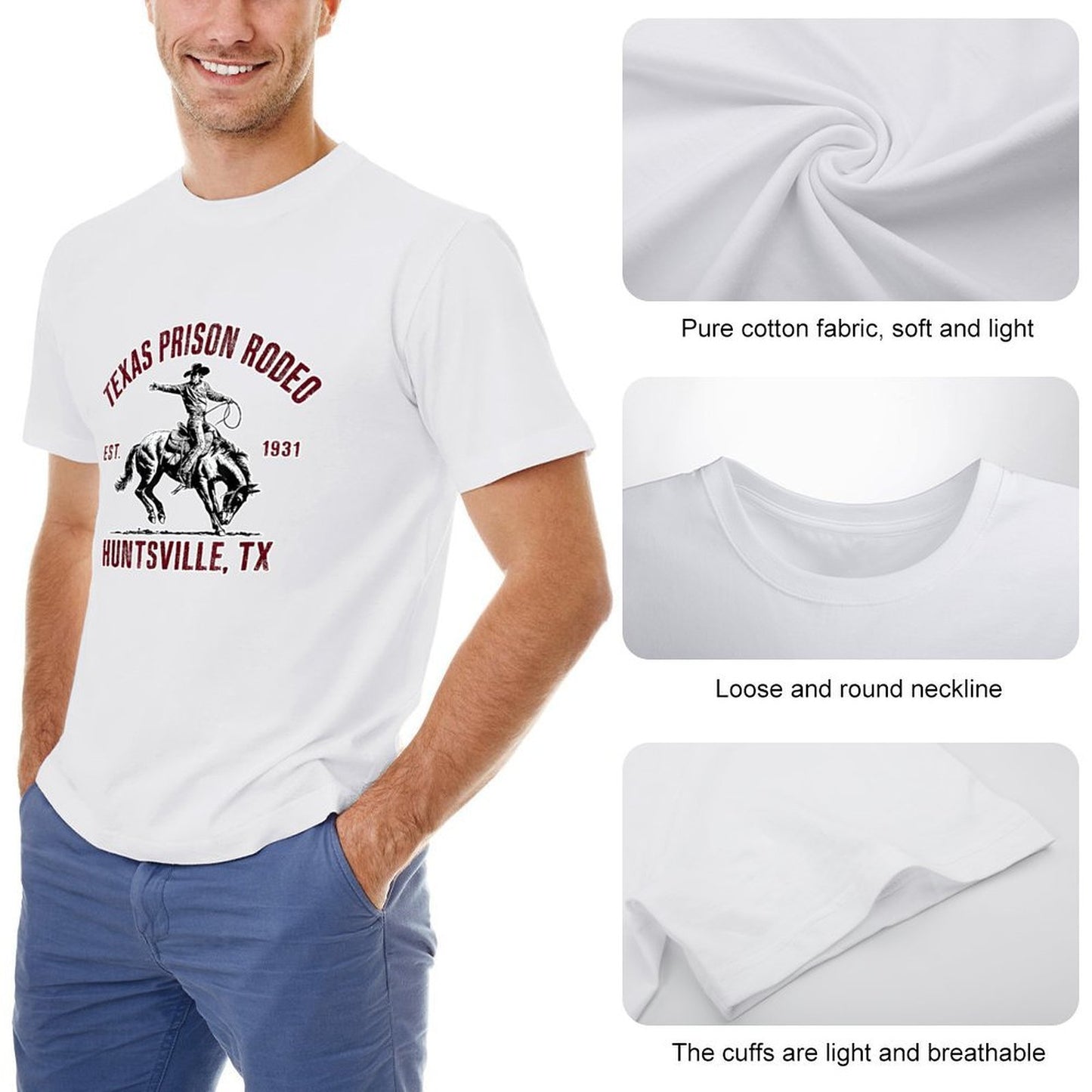 Inkmay Casual Cotton T-shirt Texas Prison Rodeo Cowboy Riding Horse Unisex T-shirtNatural Pocket Tee T-Shirt