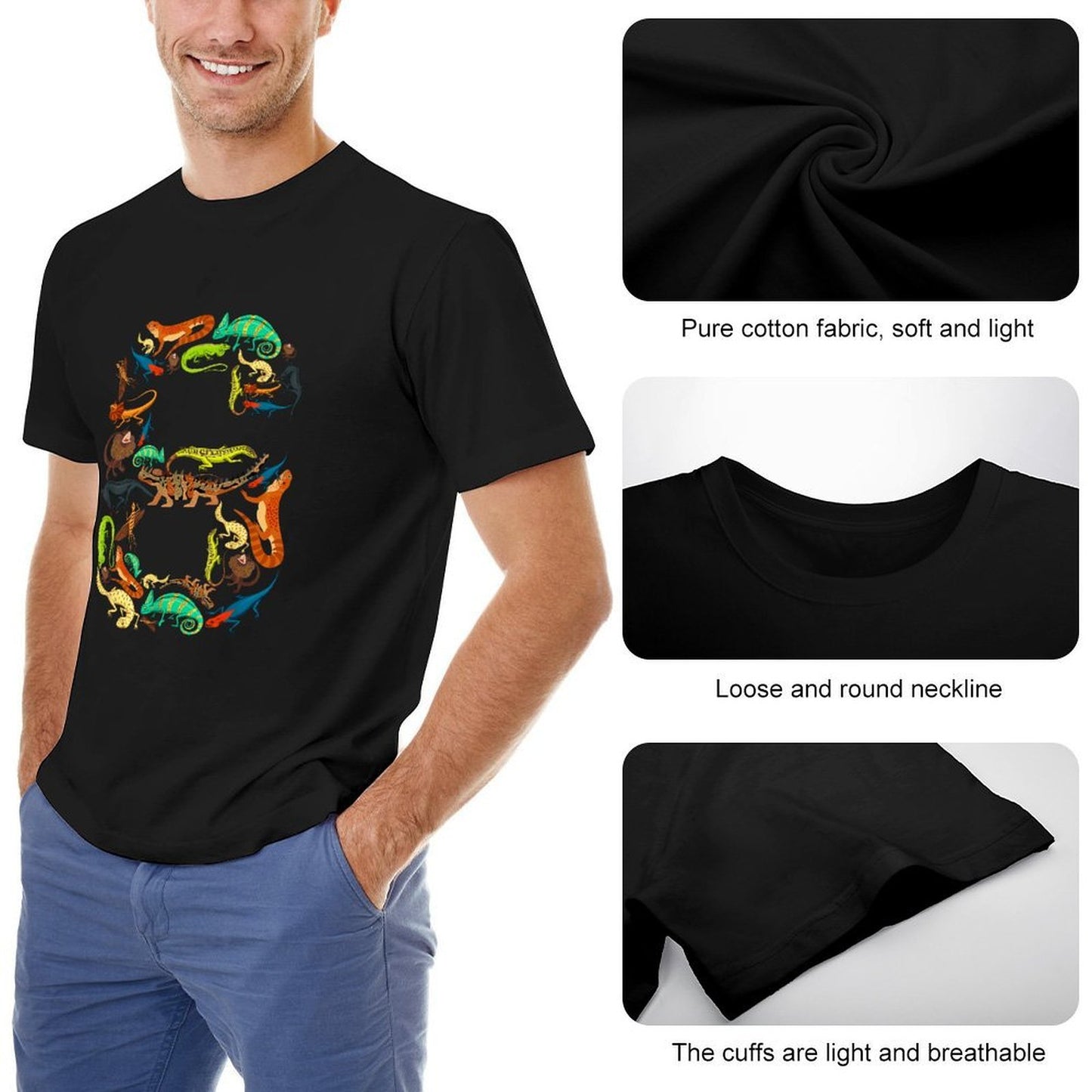 Inkmay Casual Cotton T-shirt Colorful Chameleons In Various Positions Unisex T-shirt