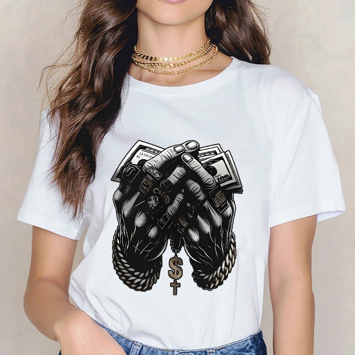 Inkmay Casual Cotton T-shirt Money Hands Rope Chain Dollar Cross Unisex T-shirtSoft SoftTouch T-Shirt
