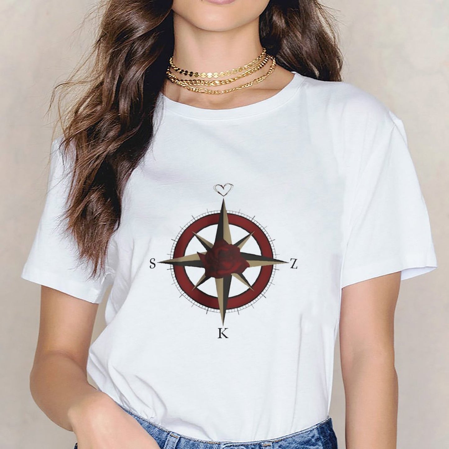 Inkmay Casual Cotton T-shirt Rose Compass Design With Heart Elements Unisex T-shirtFitted Natural T-Shirt