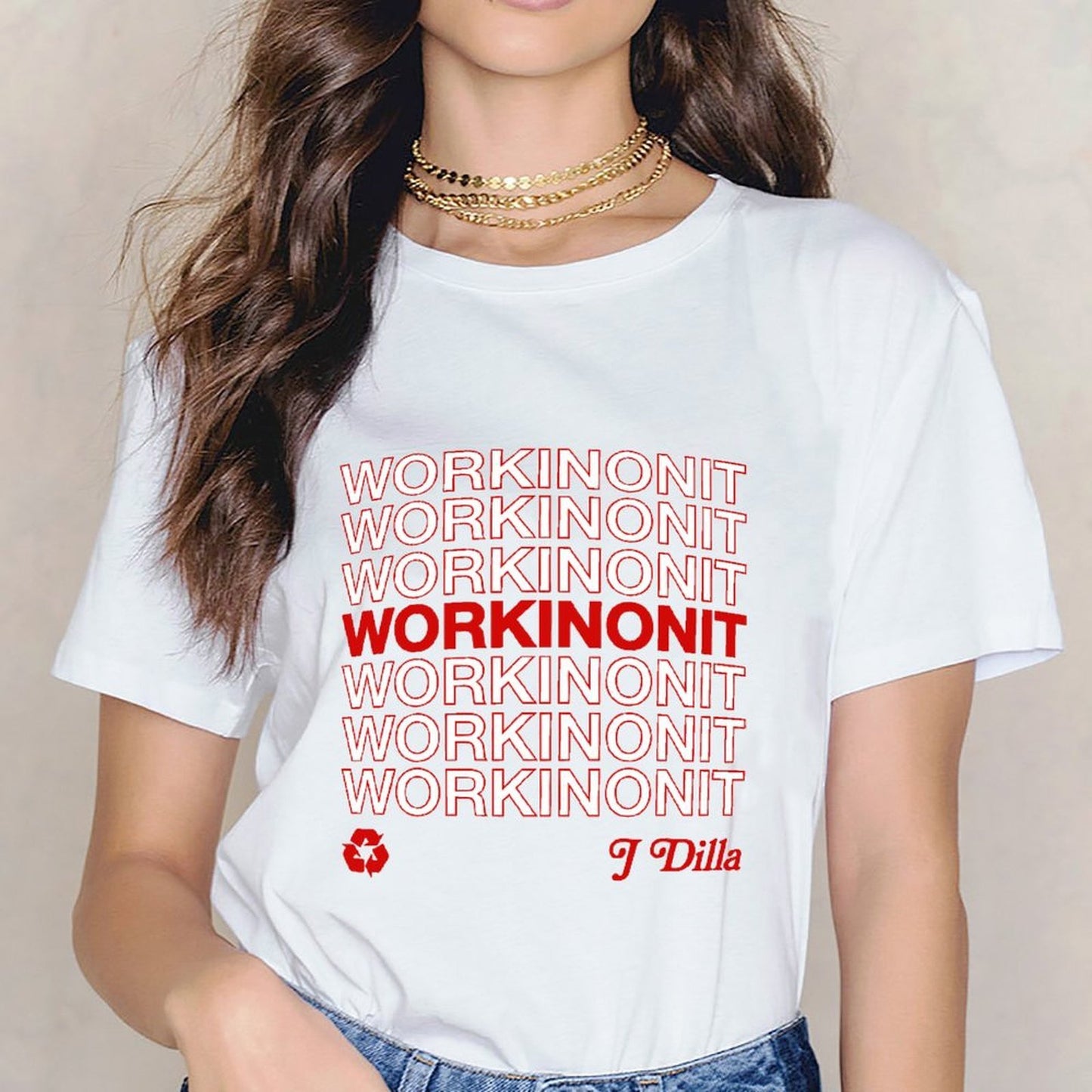 Inkmay Casual Cotton T-shirt Workinonit Pattern Printed On Red Unisex T-shirtRelaxed ClassicLine T-Shirt