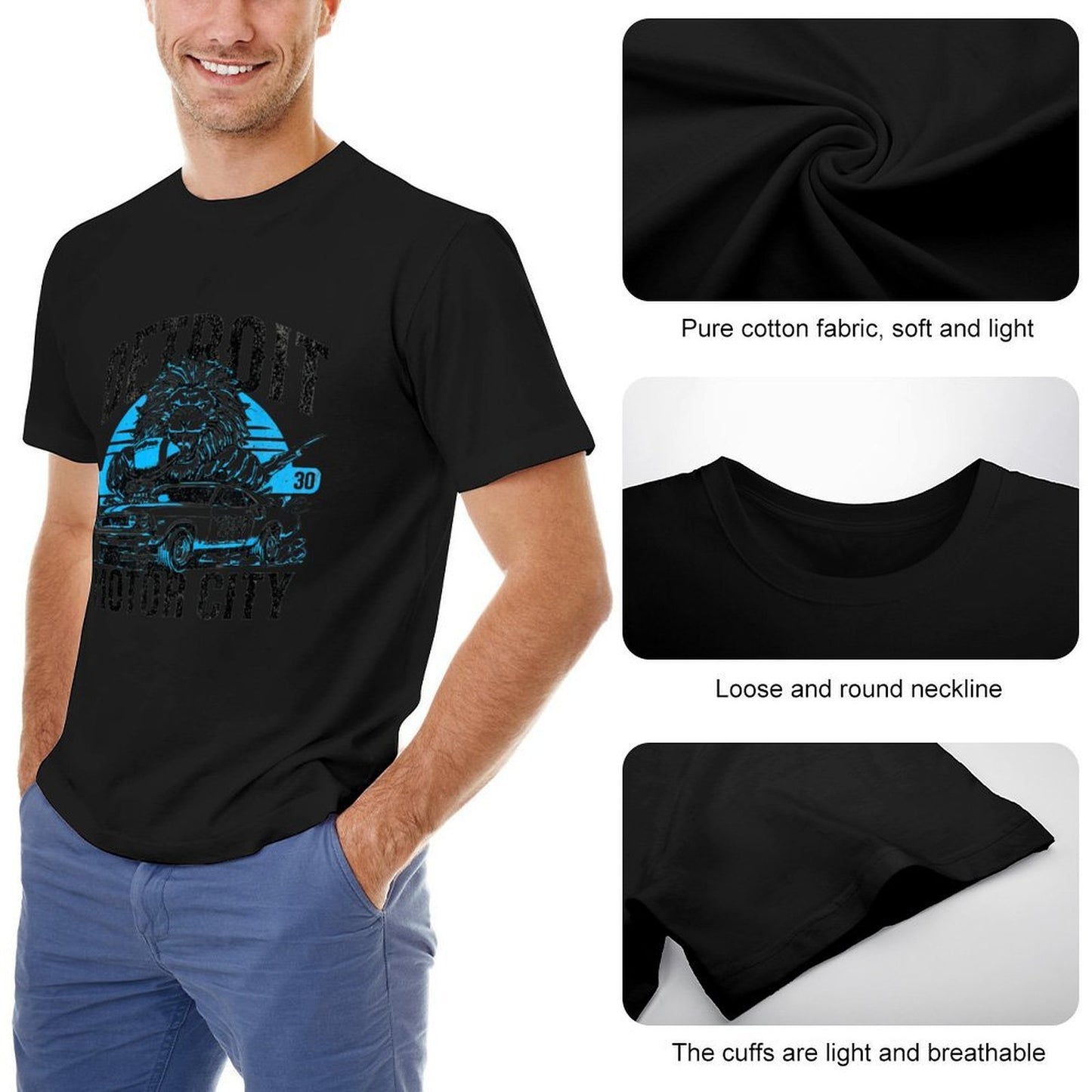 Inkmay Casual Cotton T-shirt Detroit Motor City Lion Car Design Unisex T-shirtPromotional T-Shirt
