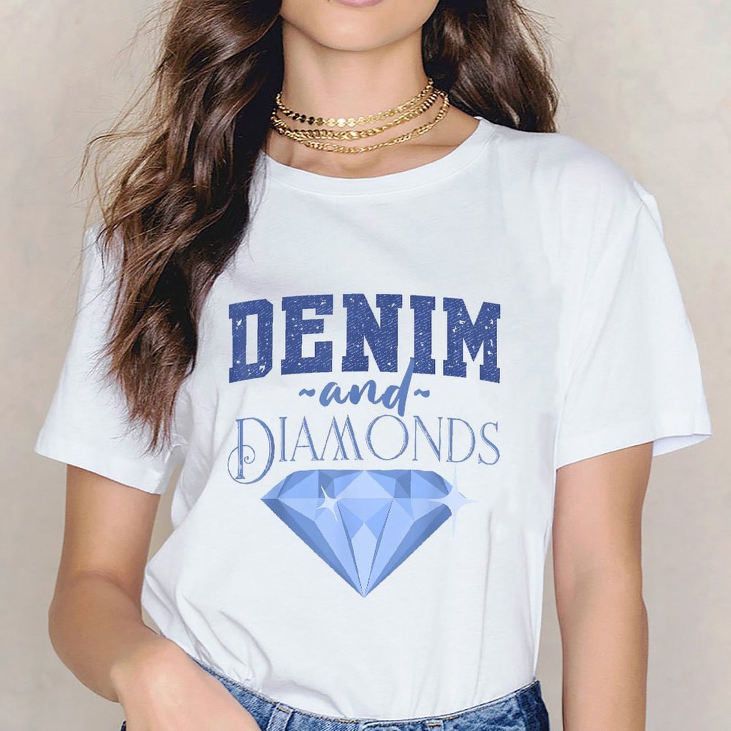 Inkmay Casual Cotton T-shirt Denim And Diamonds Blue Gem Print Unisex T-shirtModern PureStyle T-Shirt