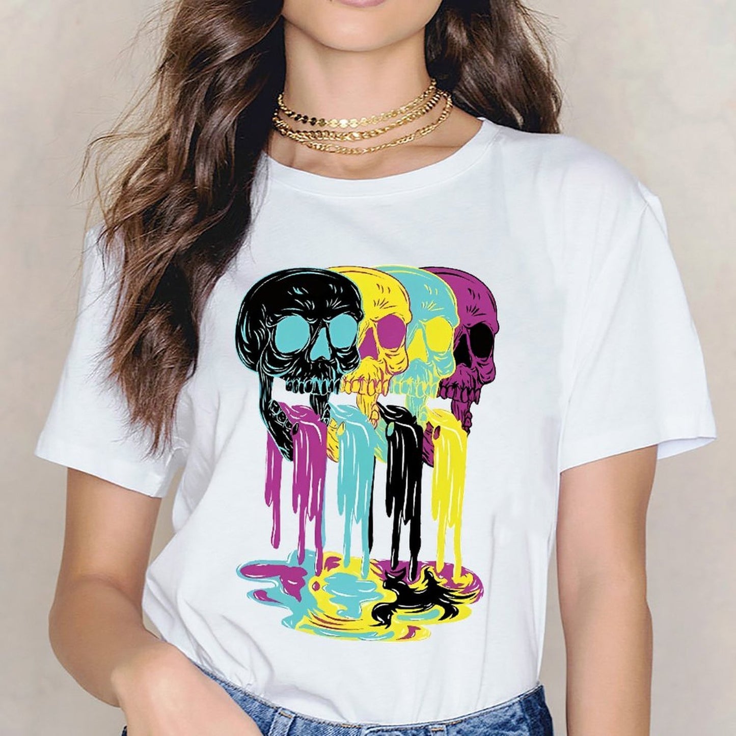 Inkmay Casual Cotton T-shirt Colorful Skulls With Dripping Paint Effects Unisex T-shirtActiveWear ComfortFit T-Shirt