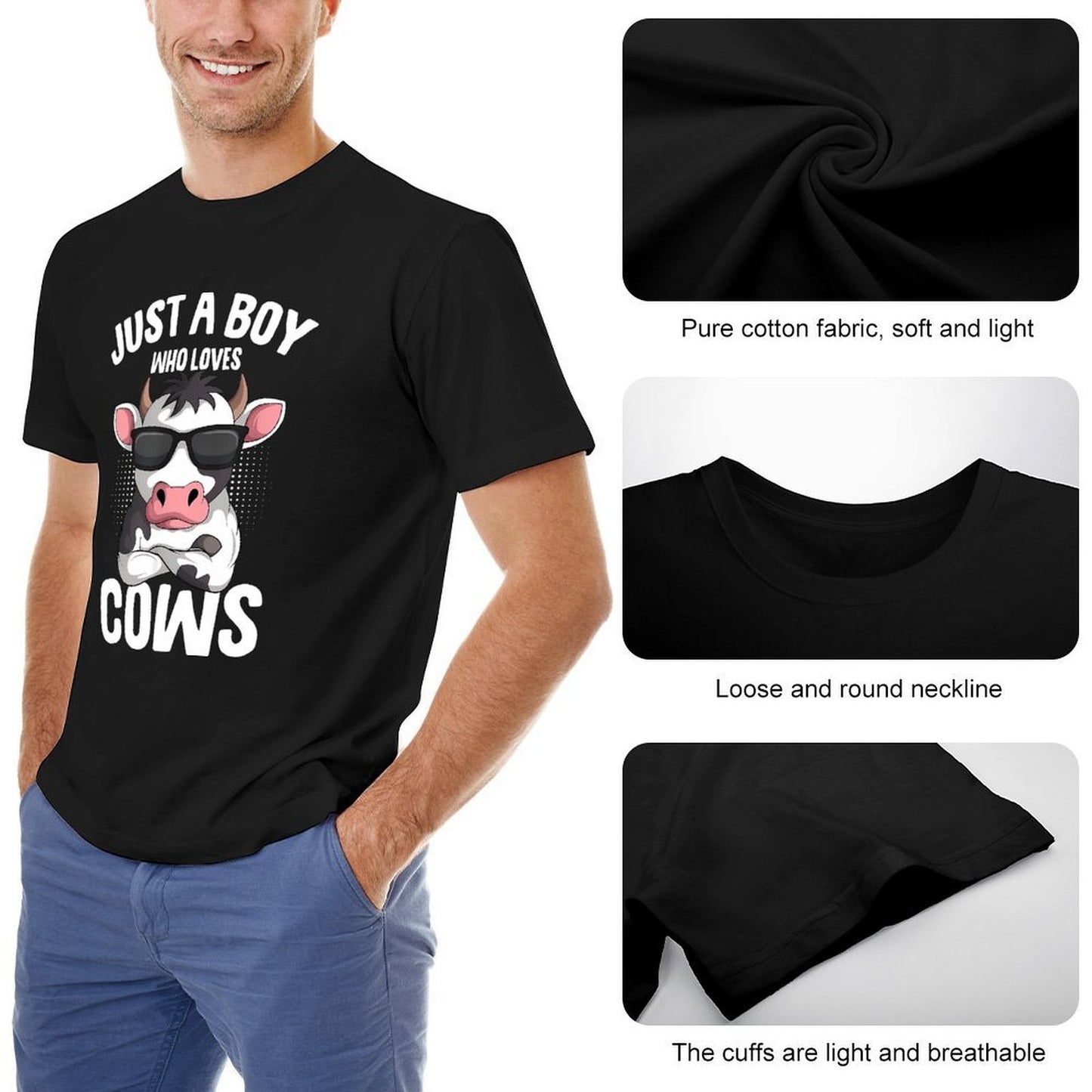 Inkmay Casual Cotton T-shirt Cool Cow Wearing Sunglasses Art Print Unisex T-shirtLooseFit YearRound T-Shirt