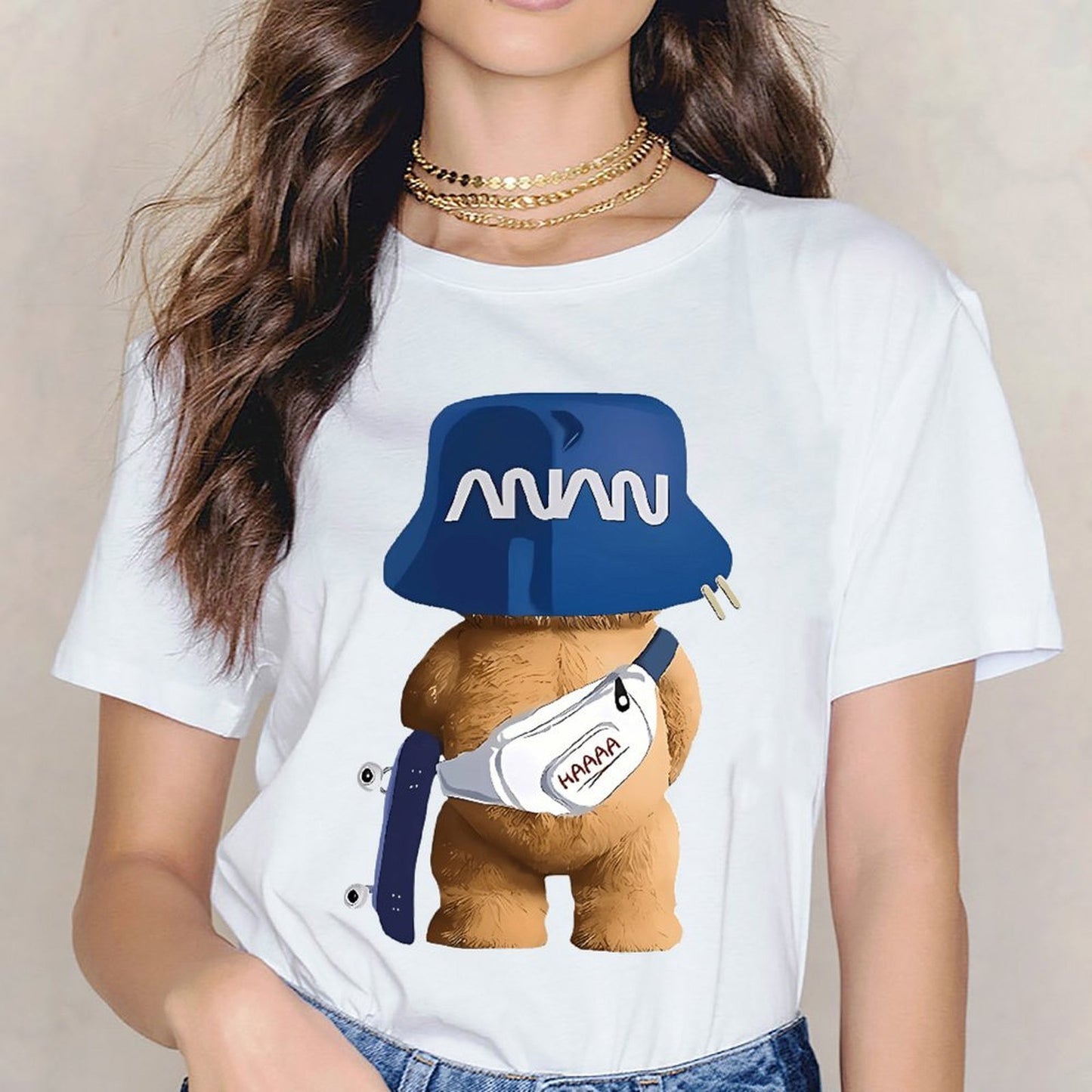 Inkmay Casual Cotton T-shirt Funny Bear Wearing Blue Hat Unisex T-shirtBasicSeries TimelessStyle T-Shirt