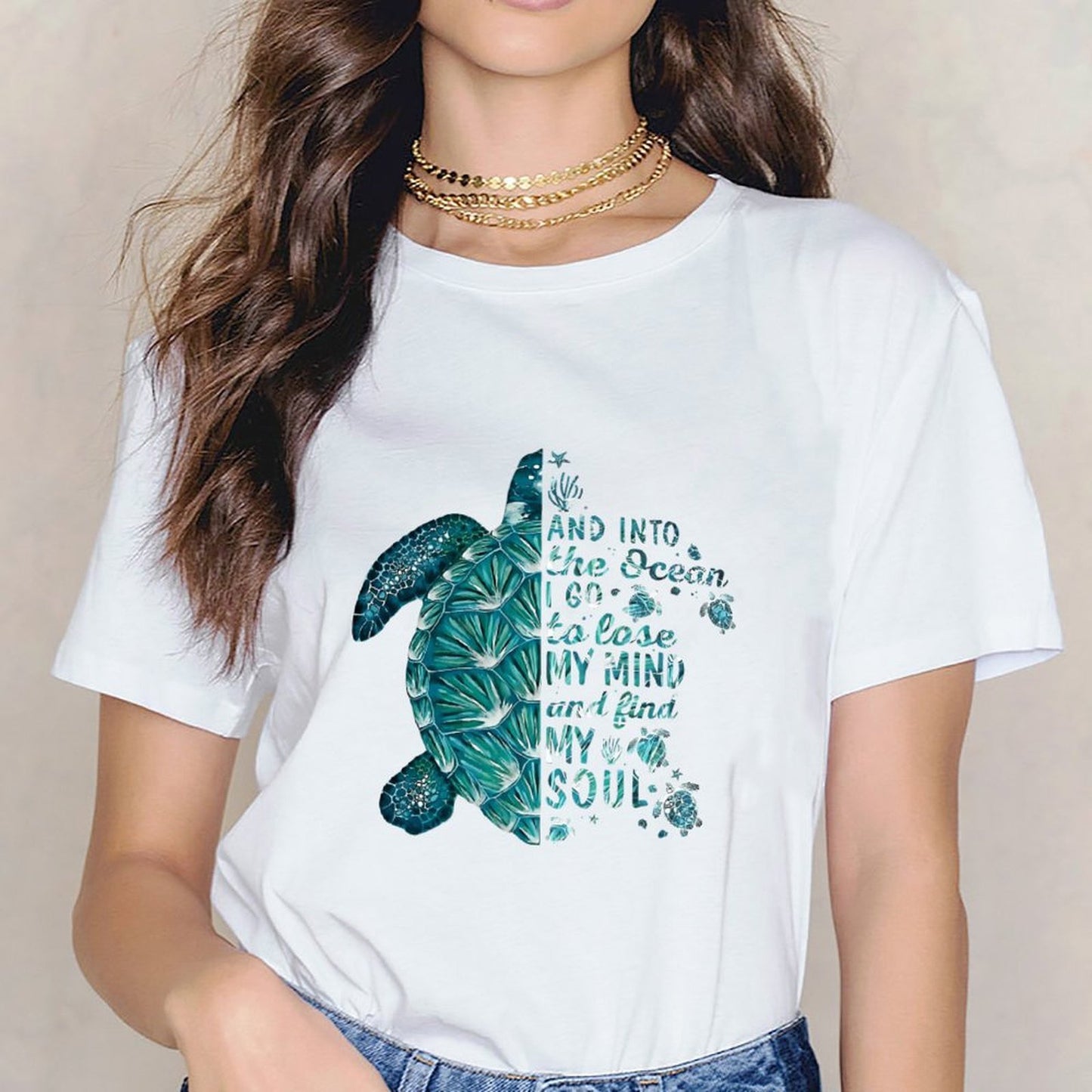Inkmay Casual Cotton T-shirt Blue Turtle With Glass Beads Unisex T-shirtCrewneck Modern T-Shirt