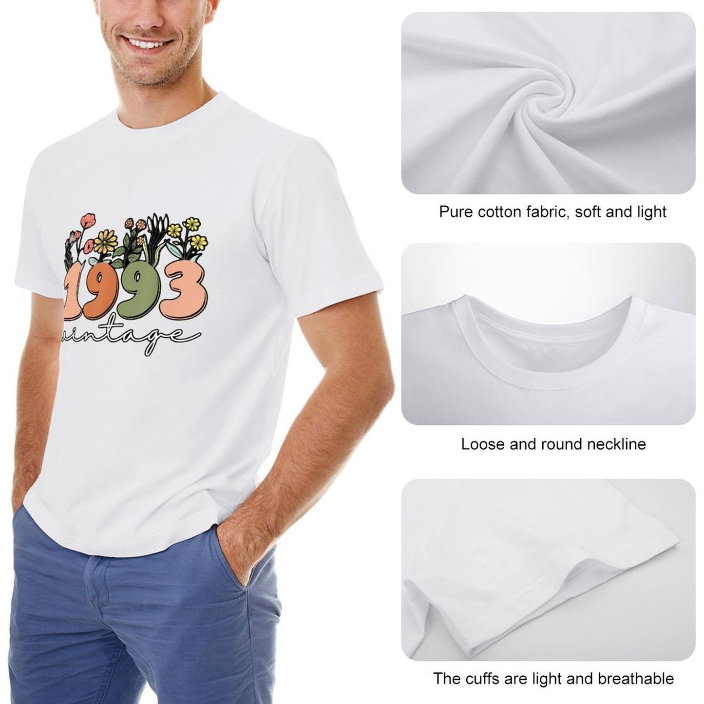 Inkmay Casual Cotton T-shirt Vintage Floral Numbers On Black Background Unisex T-shirtTrueFit Recycled T-Shirt