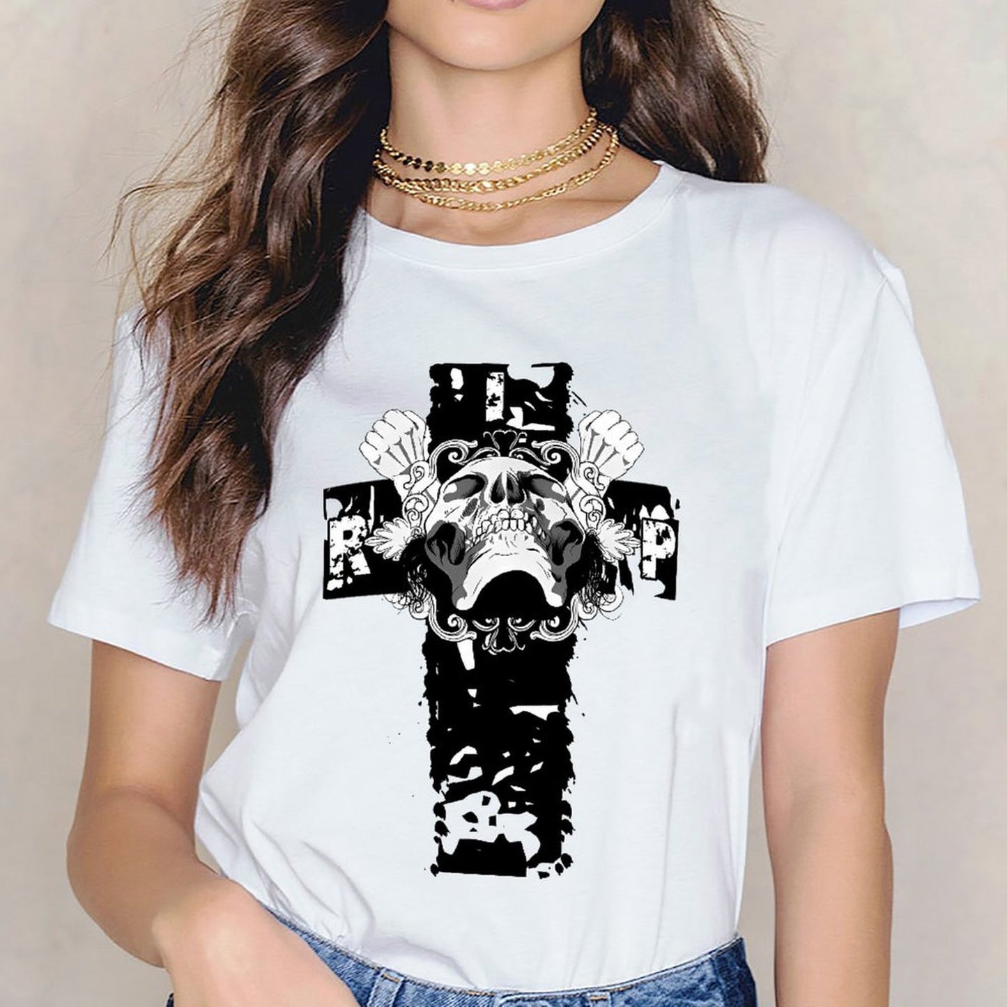 Inkmay Casual Cotton T-shirt Skull Crossbones Design With Floral Elements Unisex T-shirtMinimalist Urban T-Shirt