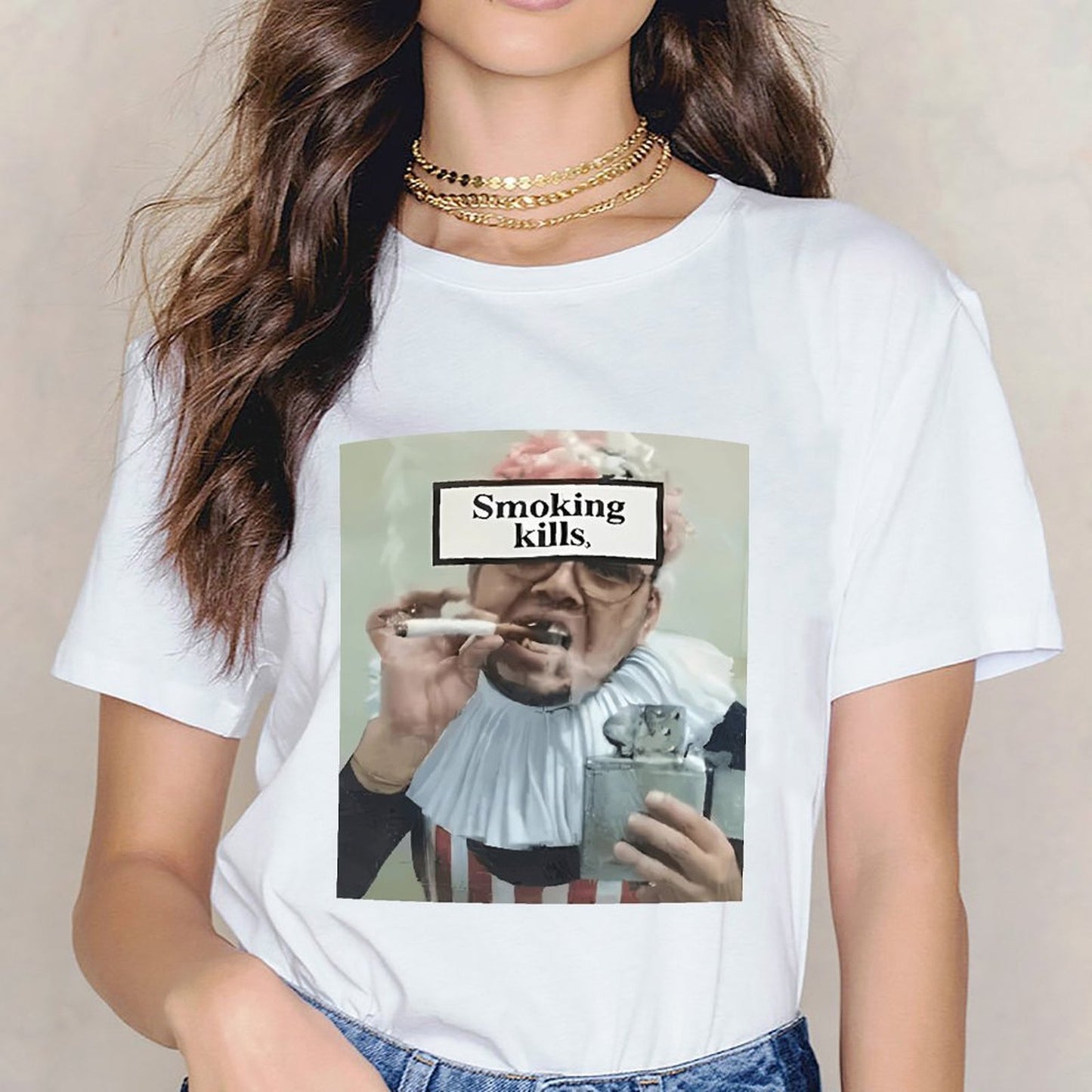 Inkmay Casual Cotton T-shirt Man Smoking Cigarette With Warning Label Unisex T-shirtNatural Tear-Resistant T-Shirt