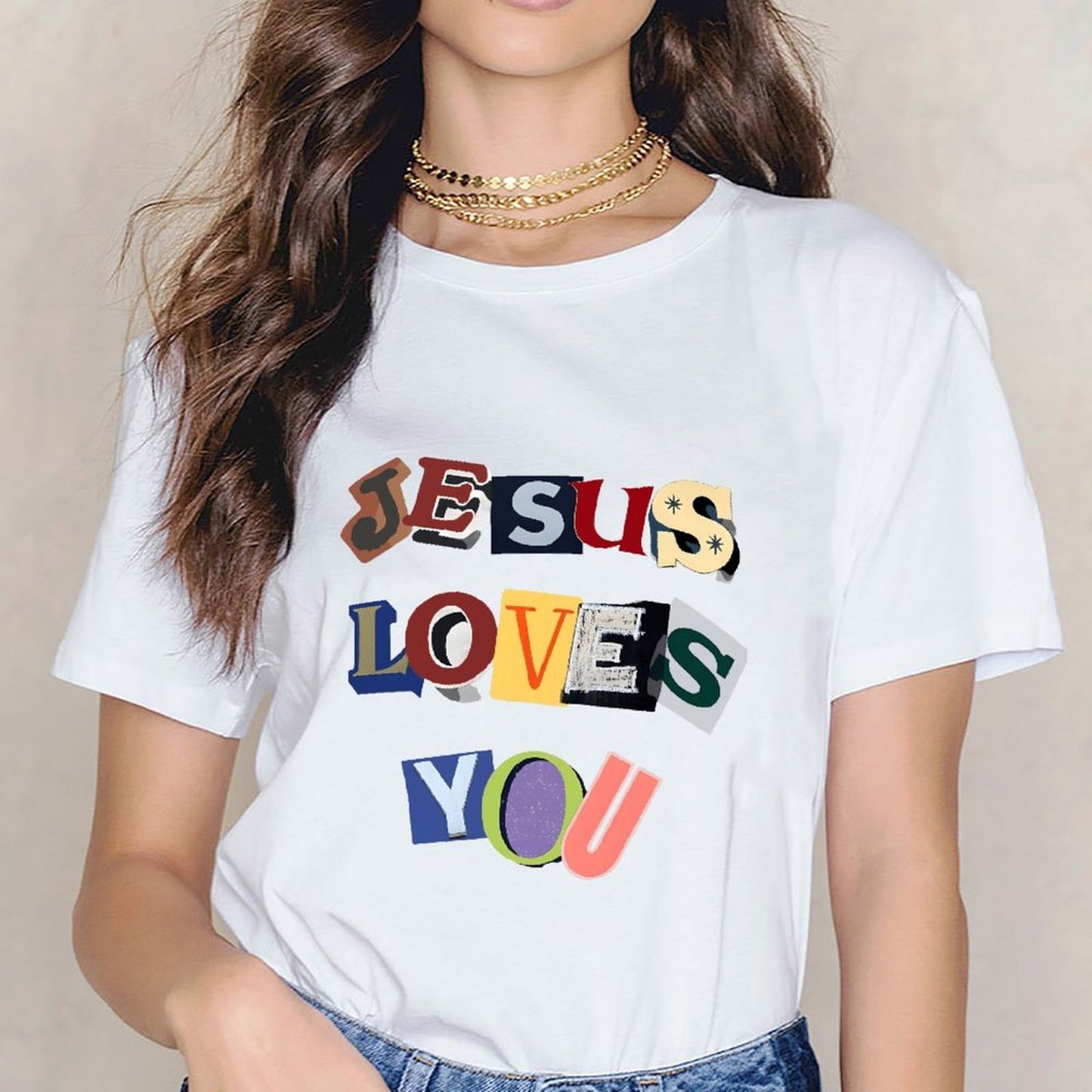 Inkmay Casual Cotton T-shirt Jesus Loves You Colorful Text Art Unisex T-shirtTrueComfort Crisp Print T-Shirt