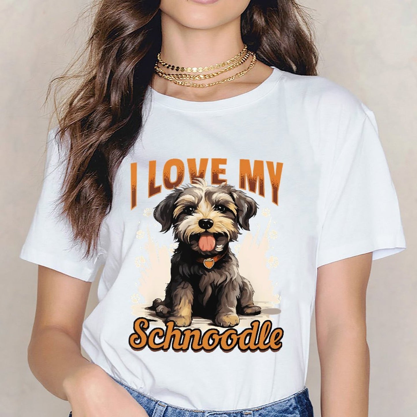 inkmay-casual-cotton-t-shirt-cute-schnoodle-with-paw-prints-design-unisex-t-shirt