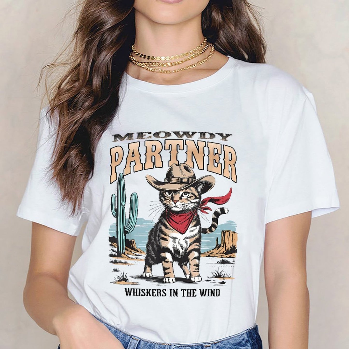 Inkmay Casual Cotton T-shirt Cat Wears Cowboy Hat And Bandana Unisex T-shirtCrew Neck SoftTouch T-Shirt