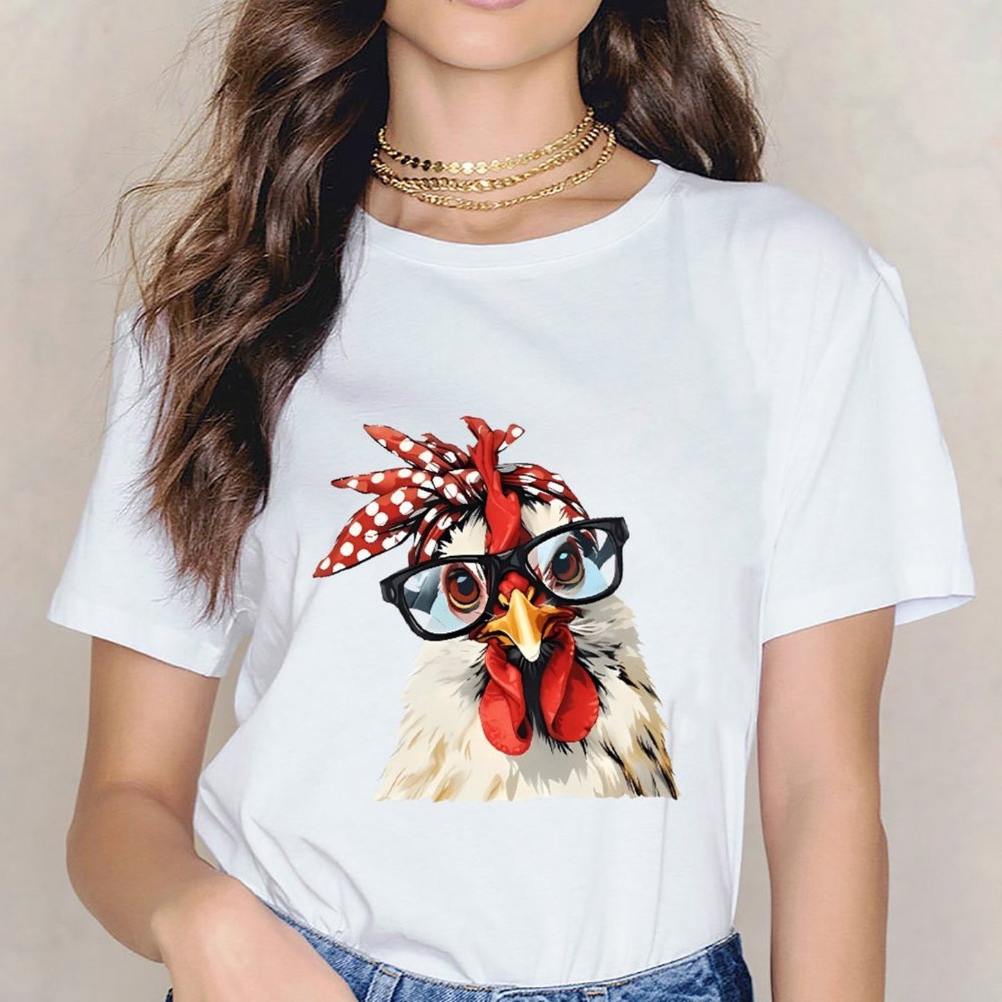Inkmay Casual Cotton T-shirt Stylish Chicken With Glasses And Bandana Unisex T-shirt