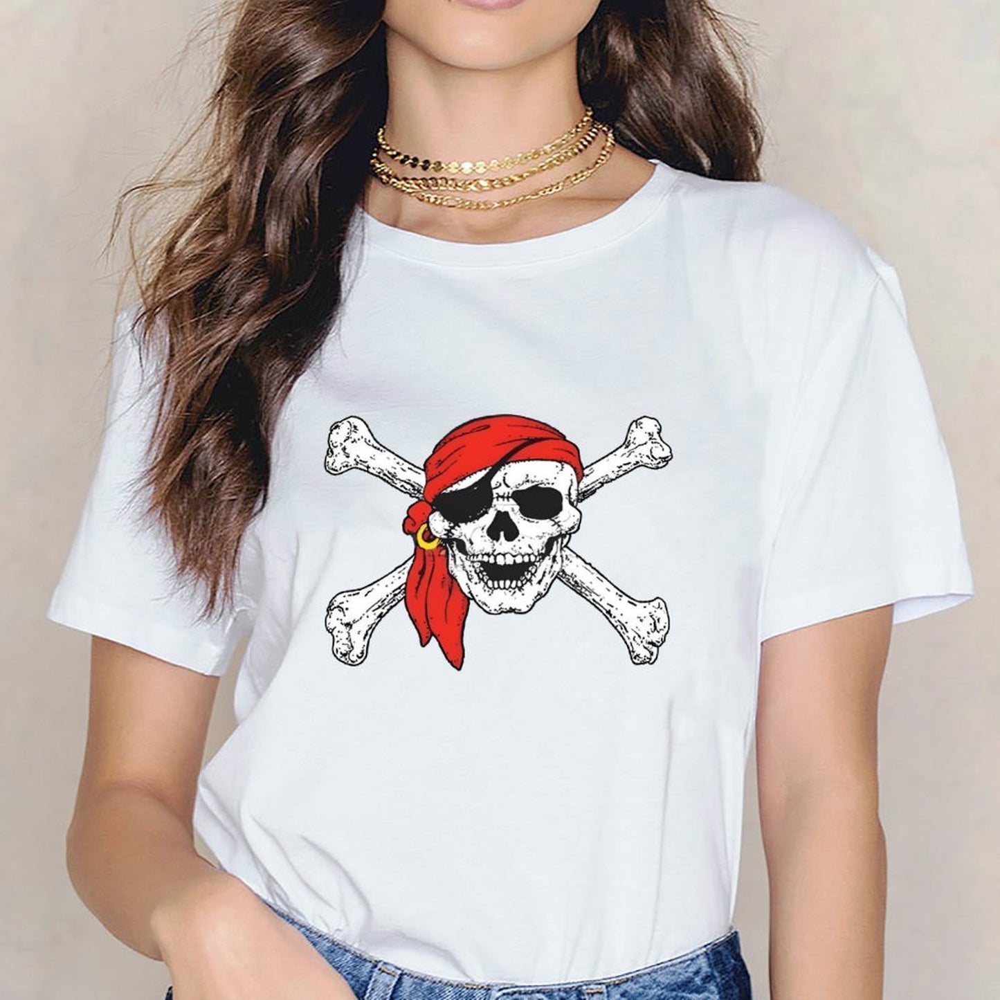 Inkmay Casual Cotton T-shirt Pirate Skull With Red Bandana Crossbones Unisex T-shirtNeat Clean T-Shirt