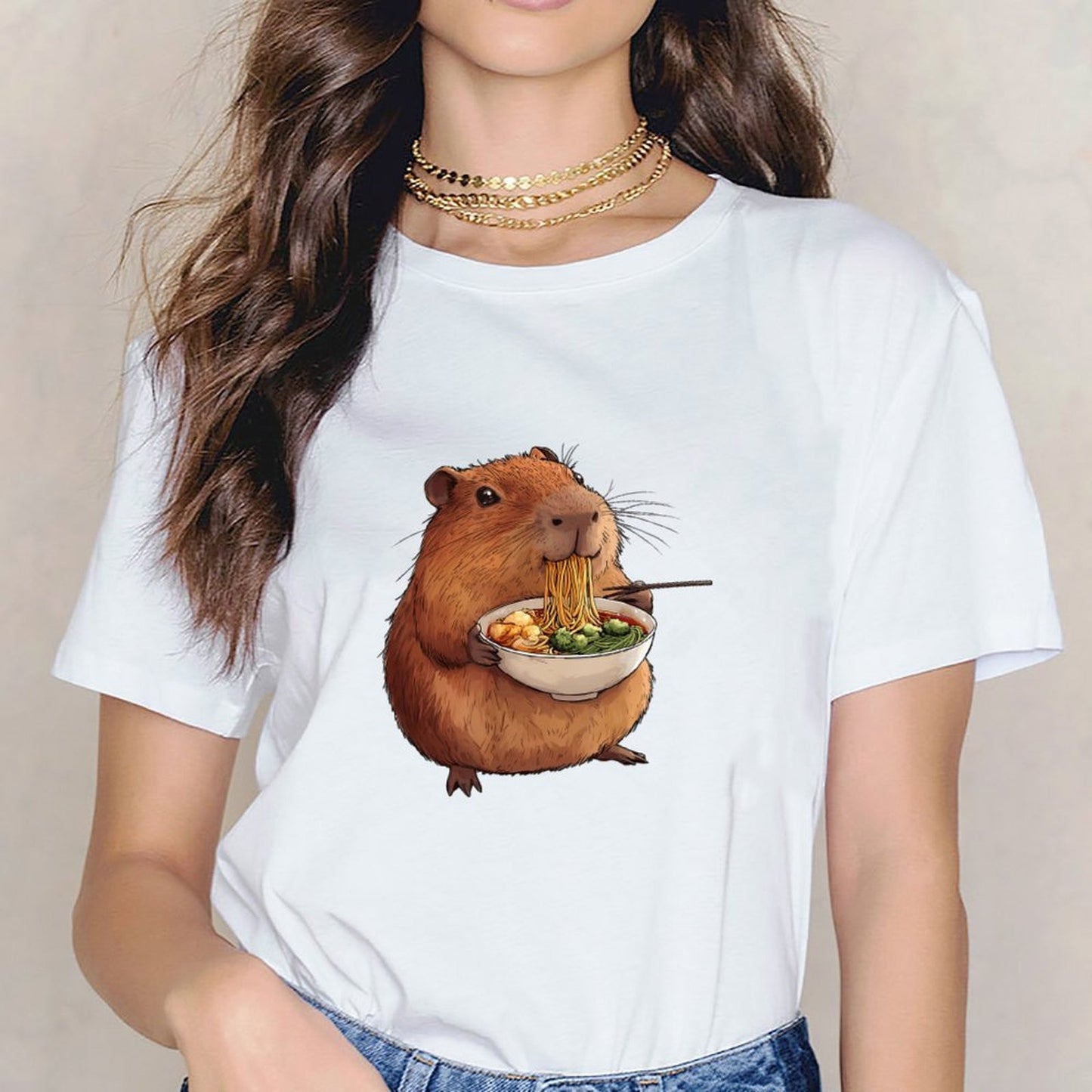 Inkmay Casual Cotton T-shirt Cute Hamster Eating Noodles With Chopsticks Unisex T-shirtUltra Durable Retro T-Shirt